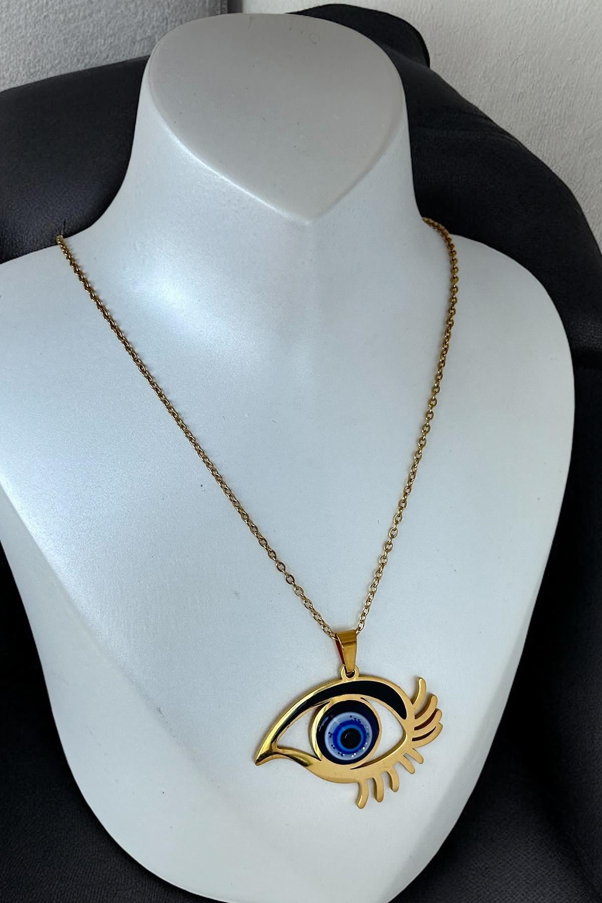 Altın Renk Göz Figürlü Çelik Kolye