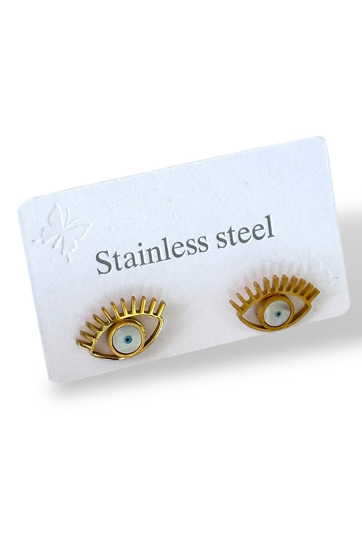 Altın Renk Göz Figürlü Çelik Küpe (Çift)