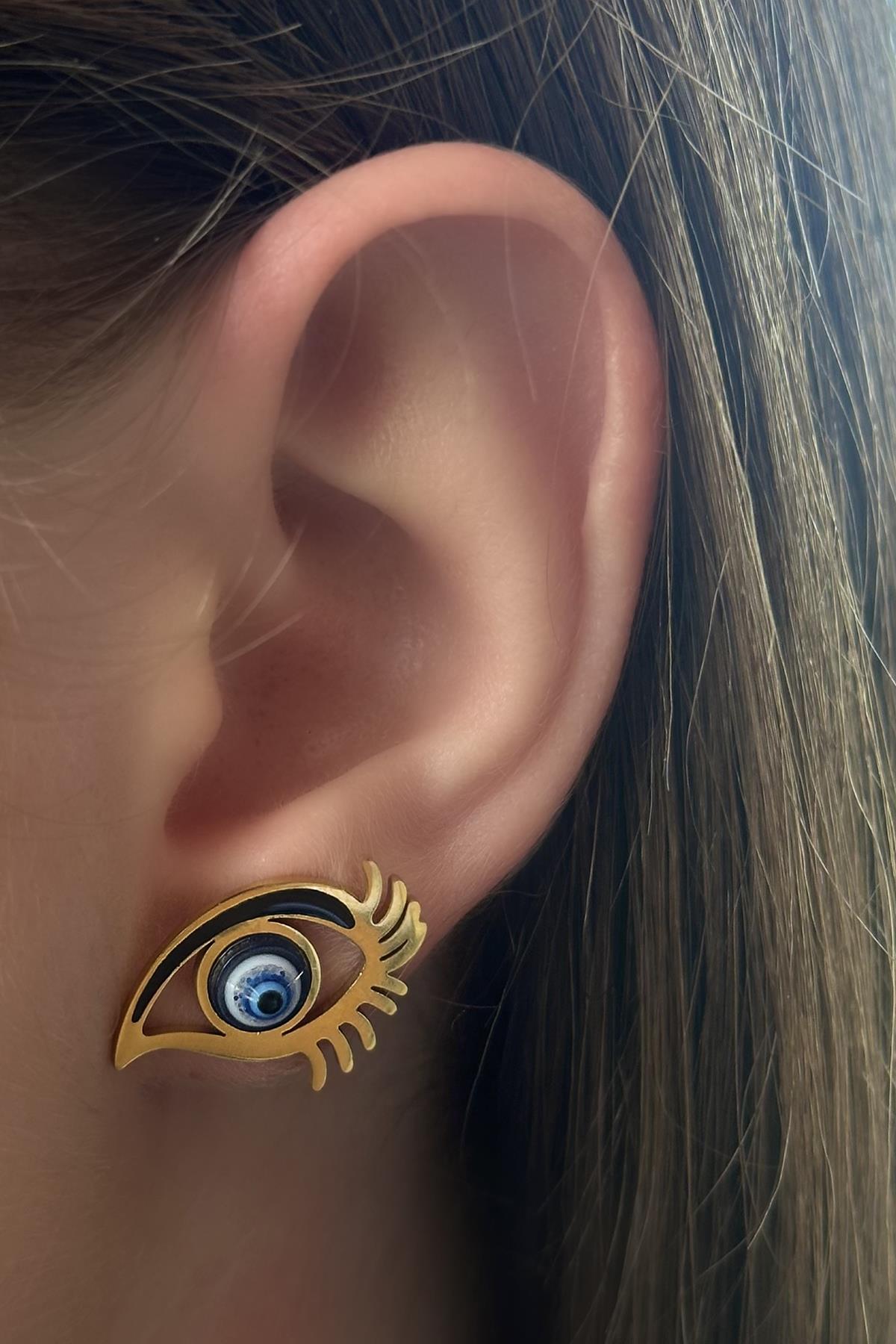 Altın Renk Göz Figürlü Çelik Küpe (Çift)