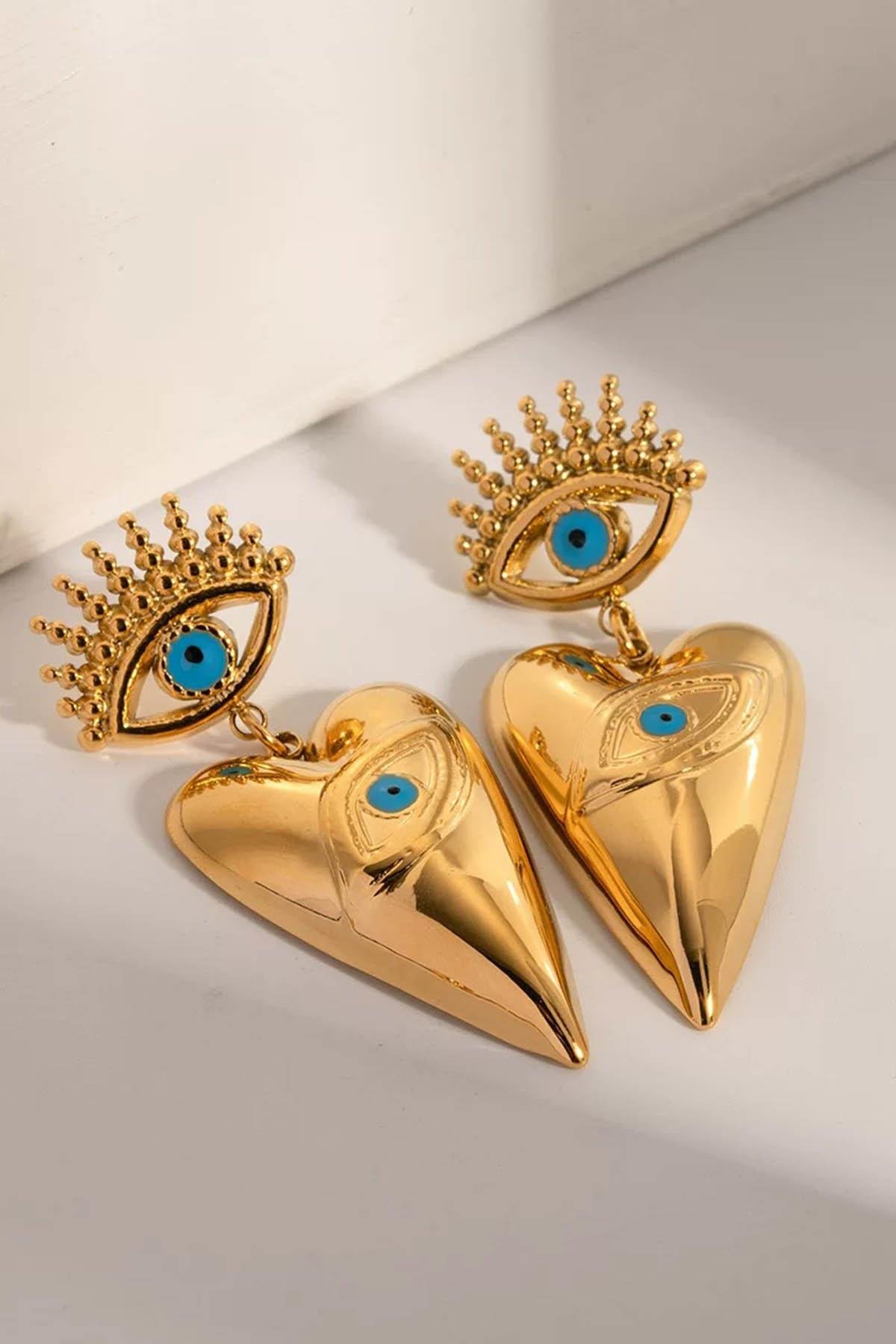 Altın Renk Göz Figürlü Çelik Küpe (Çift)
