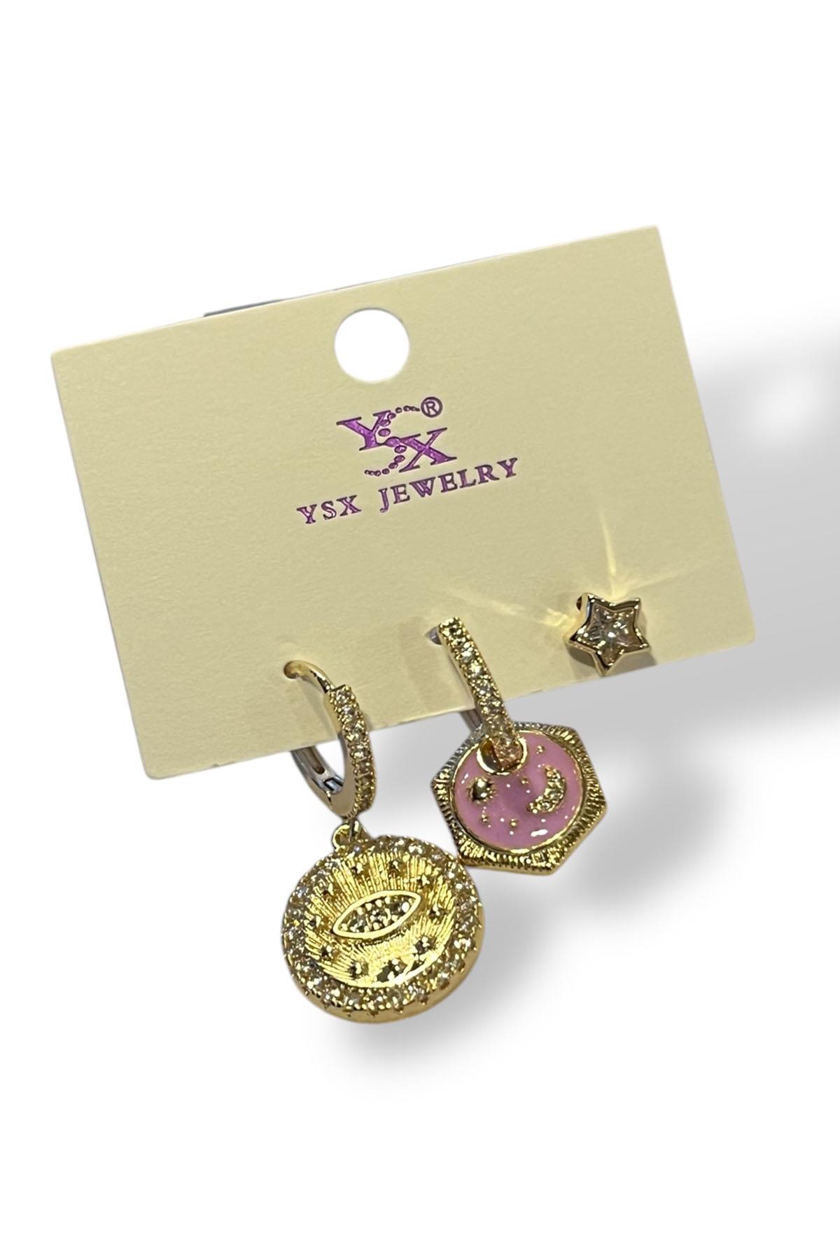 Altın Renk Göz Figürlü VİP 3'lü YSX Küpe Set