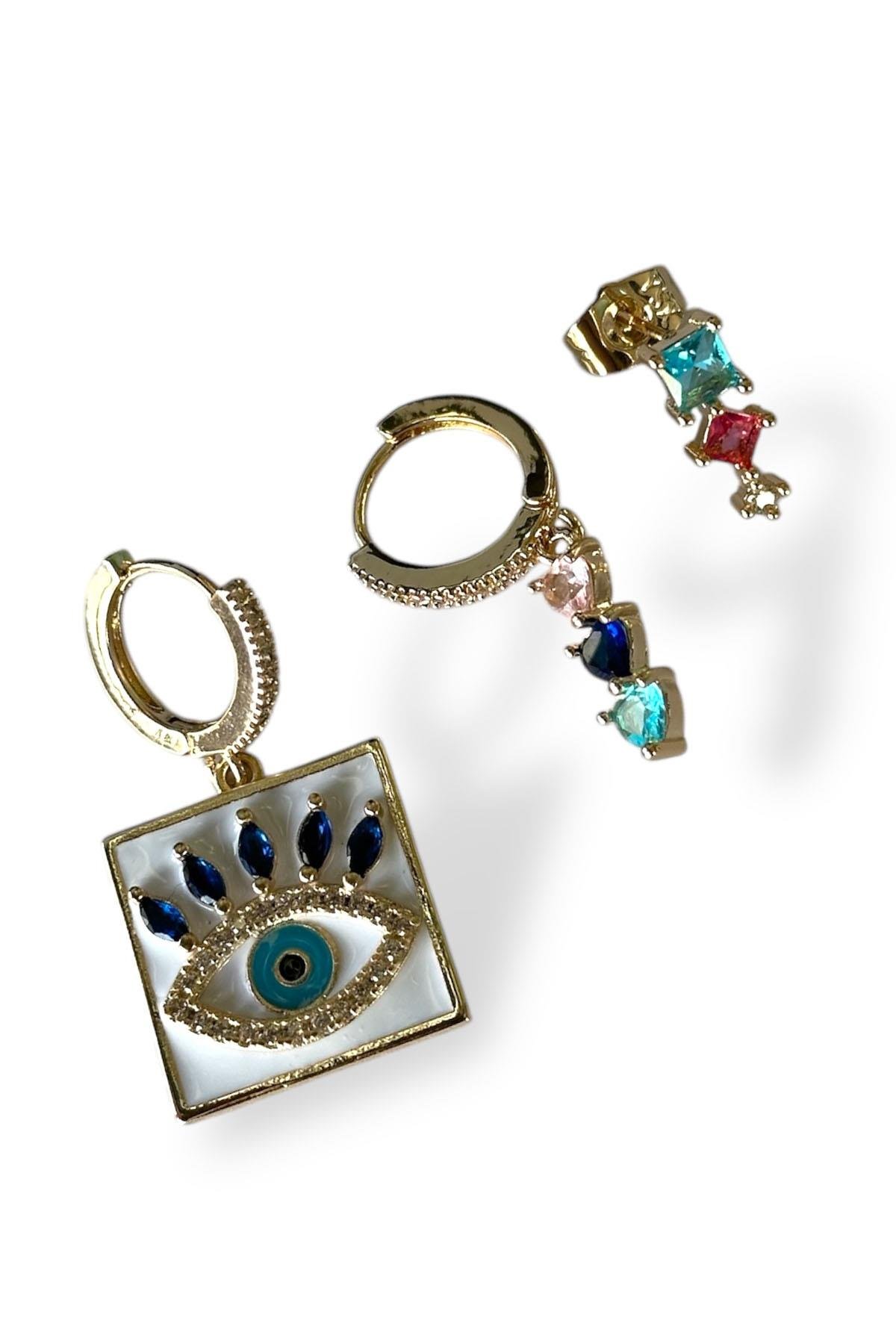 Altın Renk Göz Figürlü VİP 3'lü YSX Küpe Set