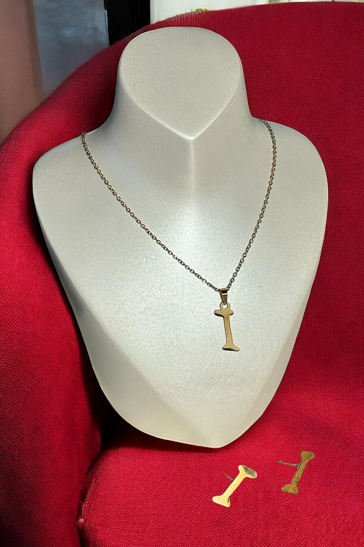 Altın Renk I Harfli Çelik Kolye Ve Küpe Set