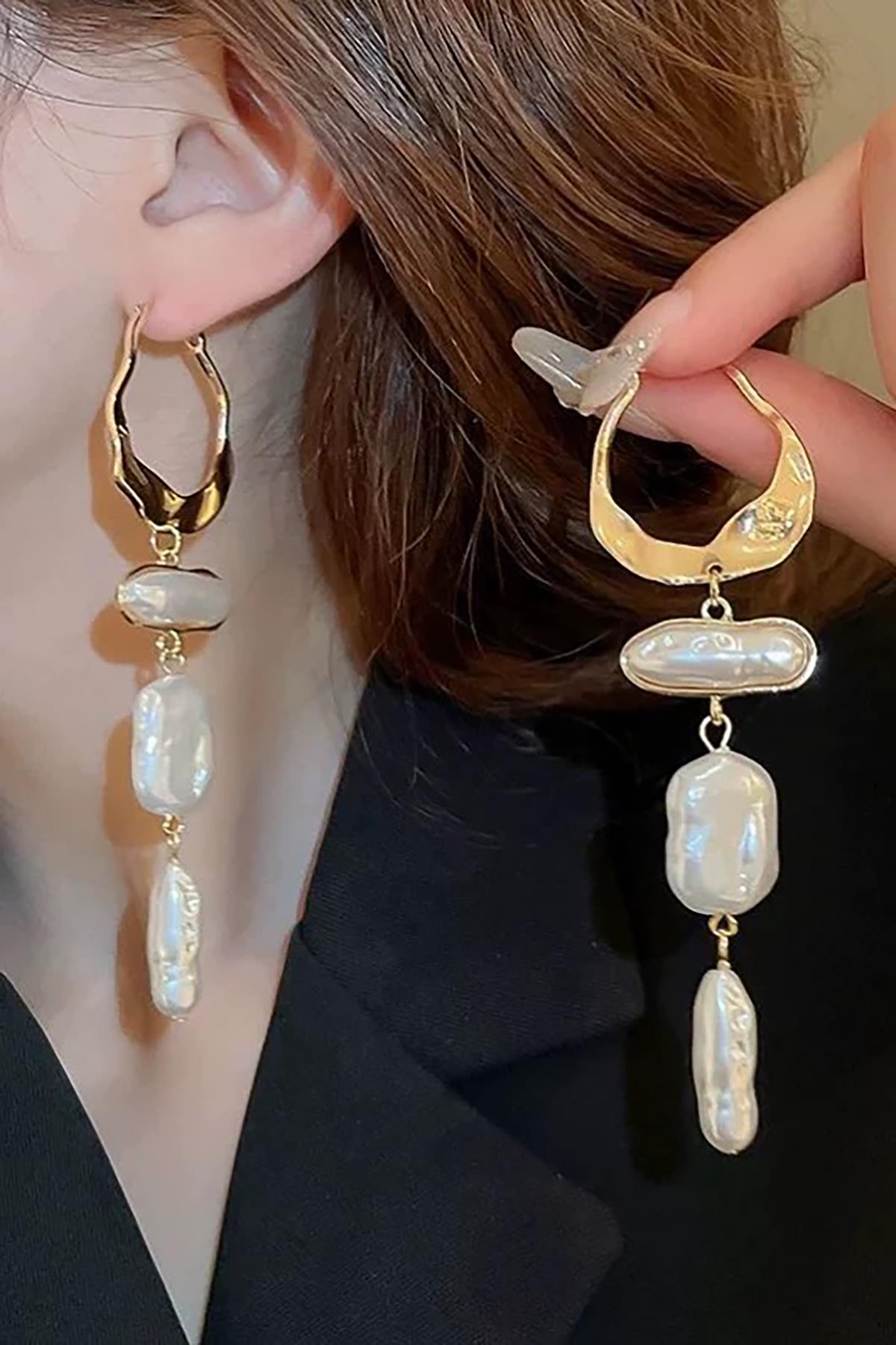 Altın Renk İnci Detaylı Metal Küpe (Çift)