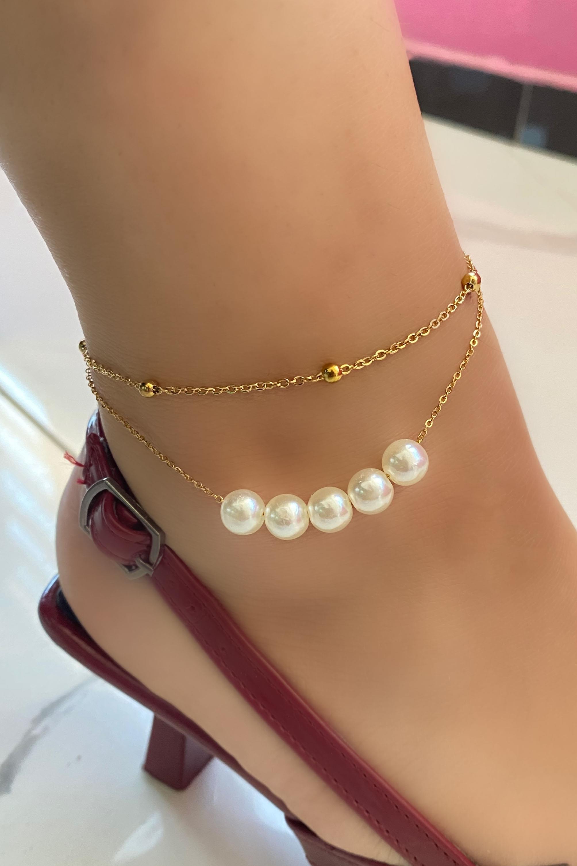 Altın Renk İnci Figürlü Çelik Halhal