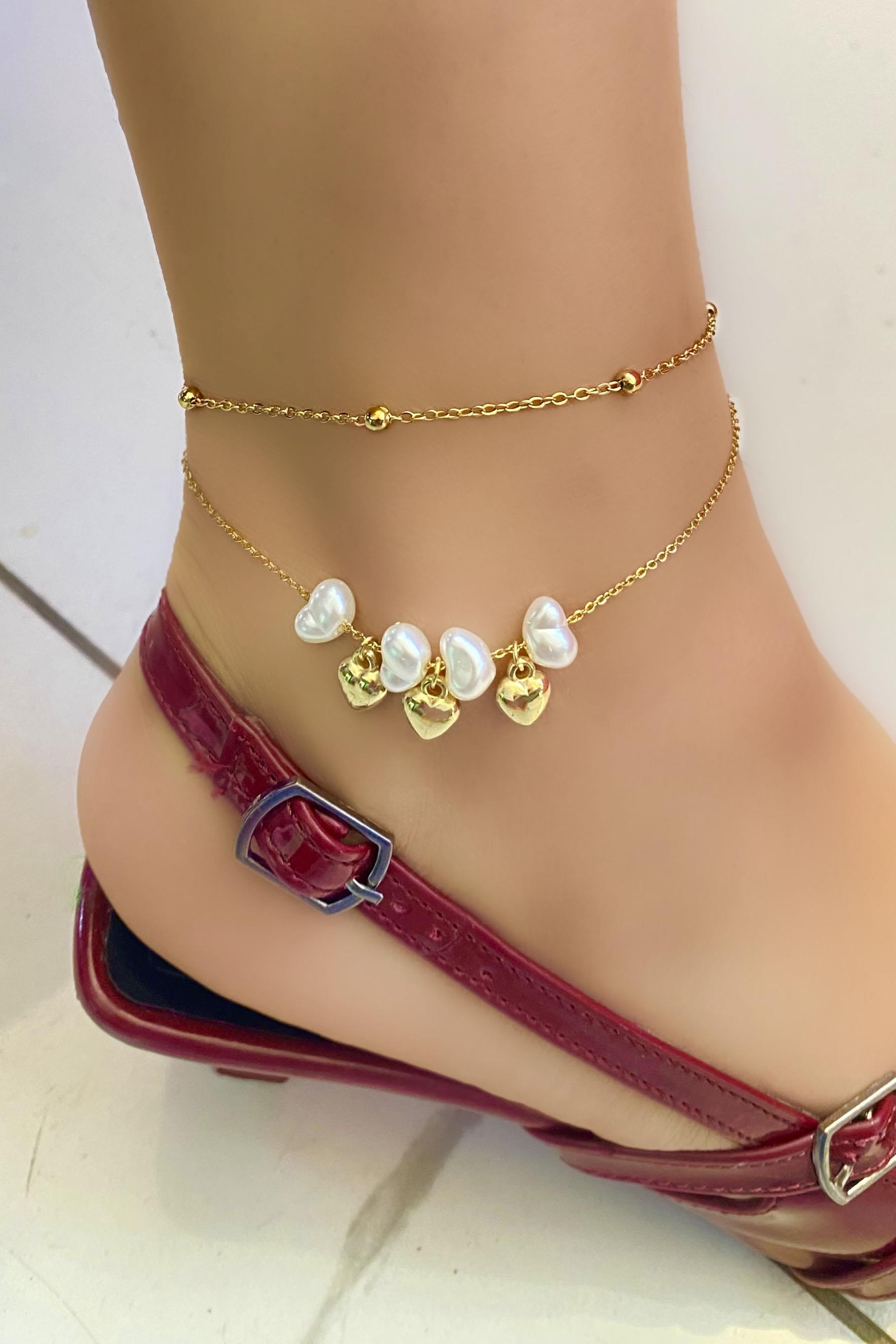 Altın Renk İnci Ve Kalp Figürlü Çelik Halhal