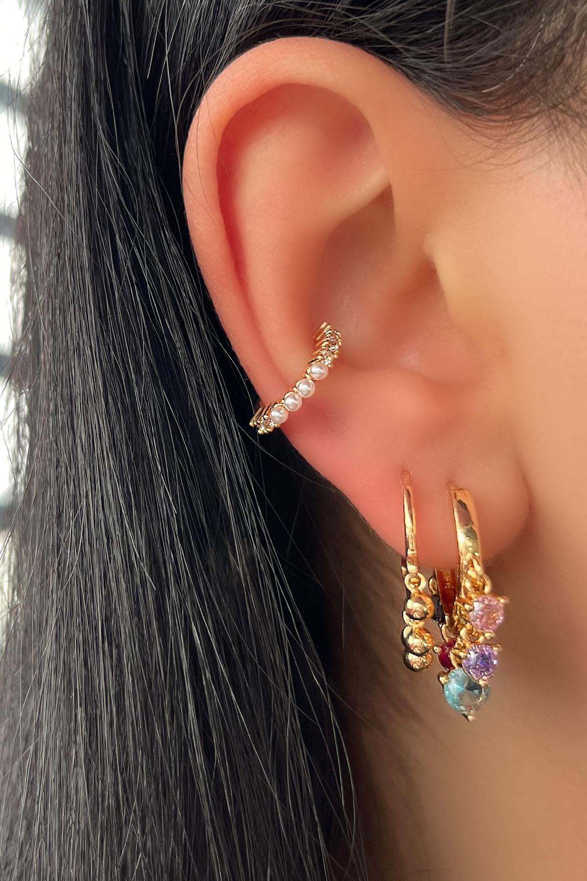 Altın Renk İnci Ve Taş Detaylı 3'lü YSX Ear Cuff Küpe Set