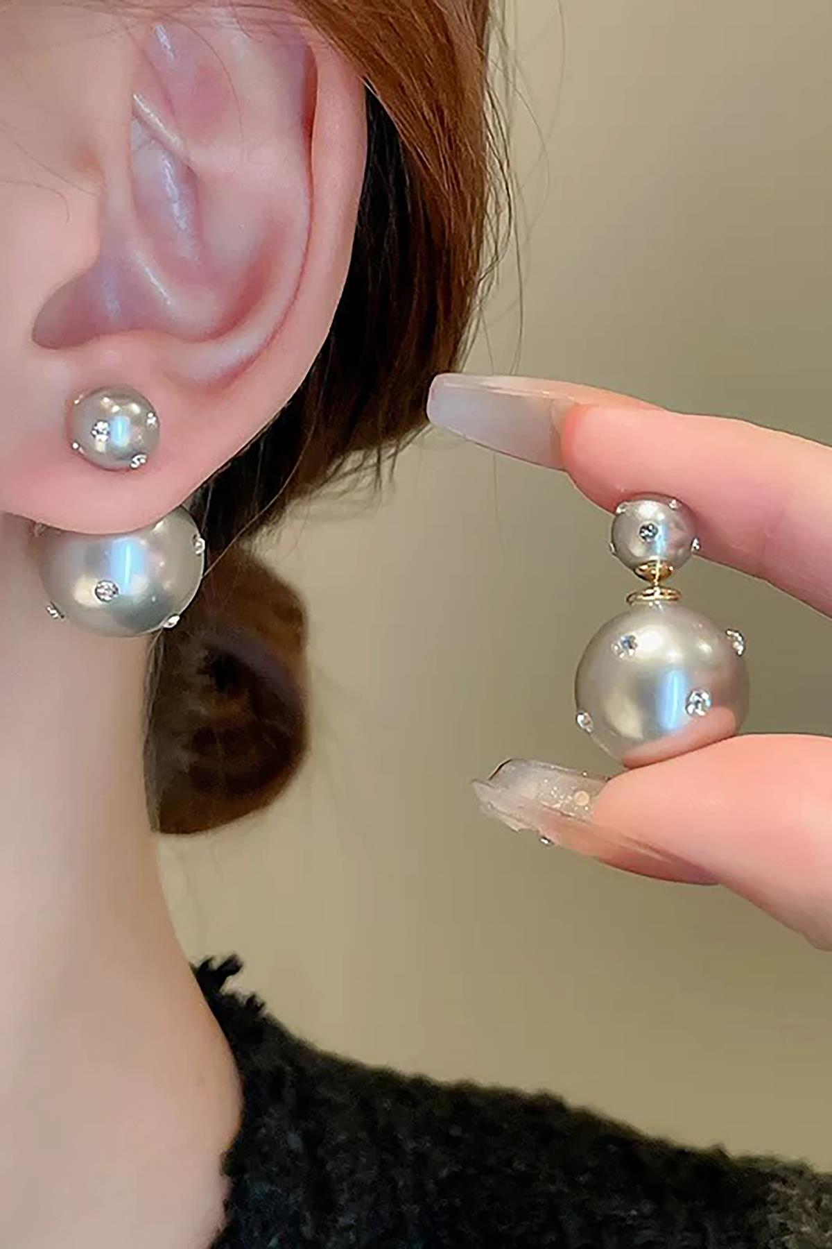 Altın Renk İncili Taş Detaylı Çelik Küpe (Çift)