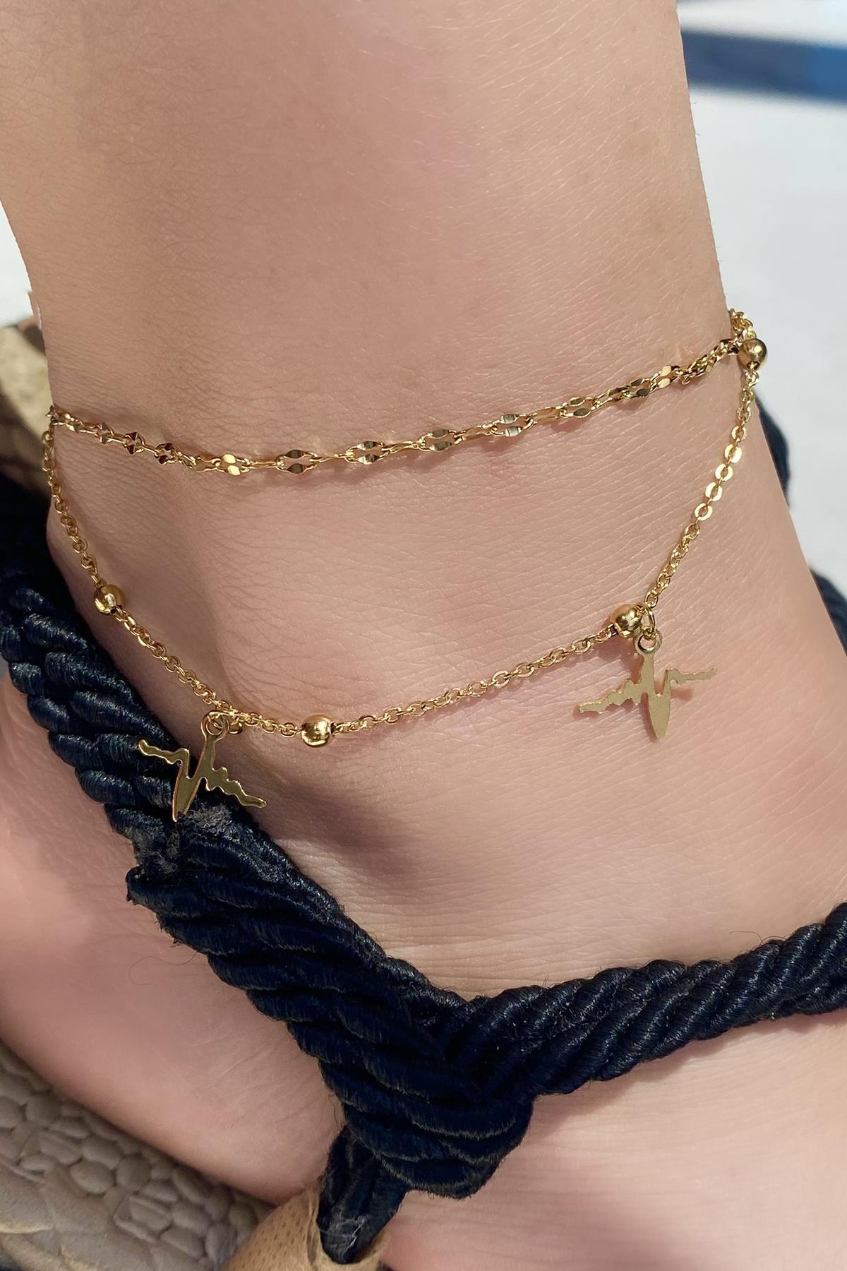 Altın Renk Kalp Atışı Figürlü Çelik Halhal