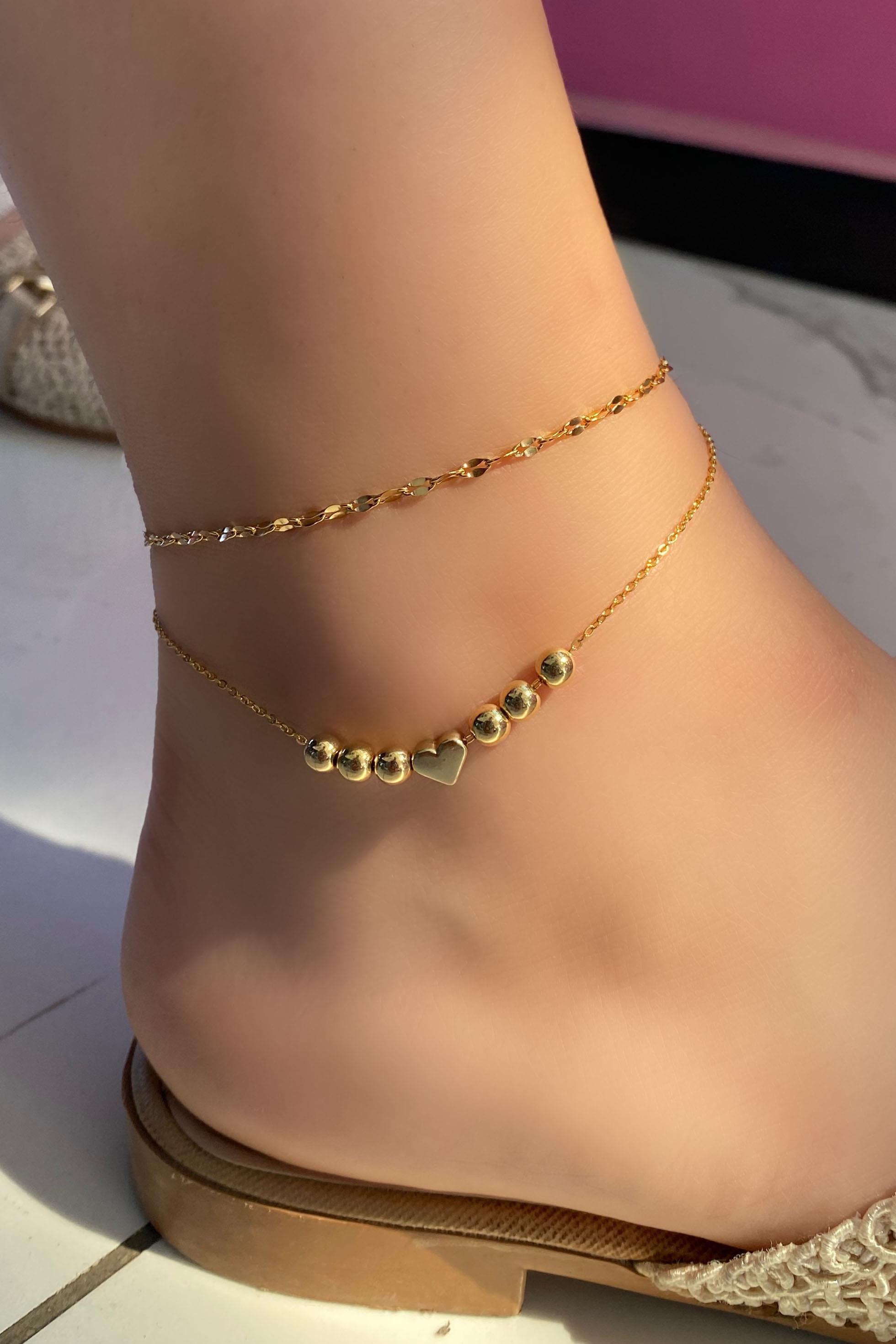 Altın Renk Kalp Figürlü Boncuk Detaylı Çelik Halhal