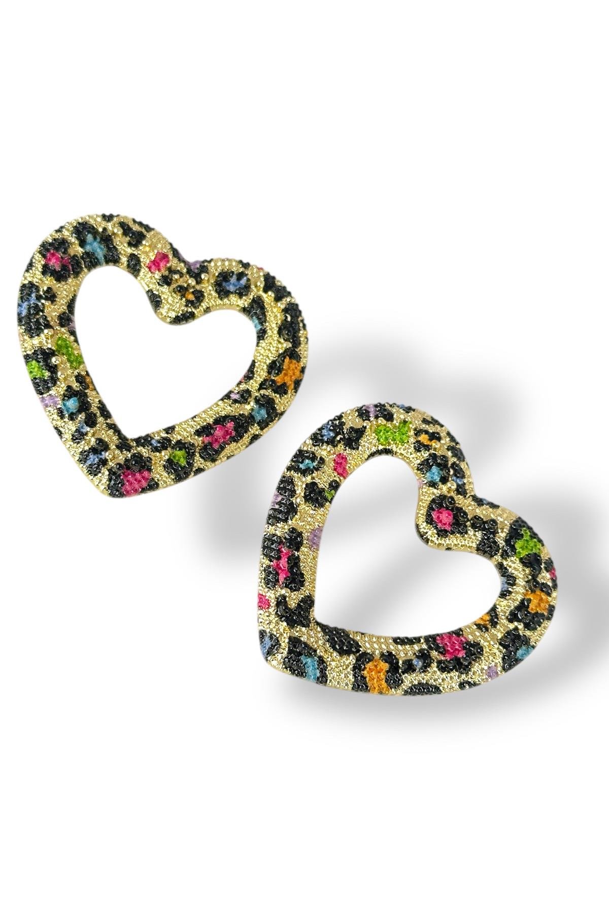 Altın Renk Kalp Figürlü Leopar Desenli Tasarım Küpe (Çift)