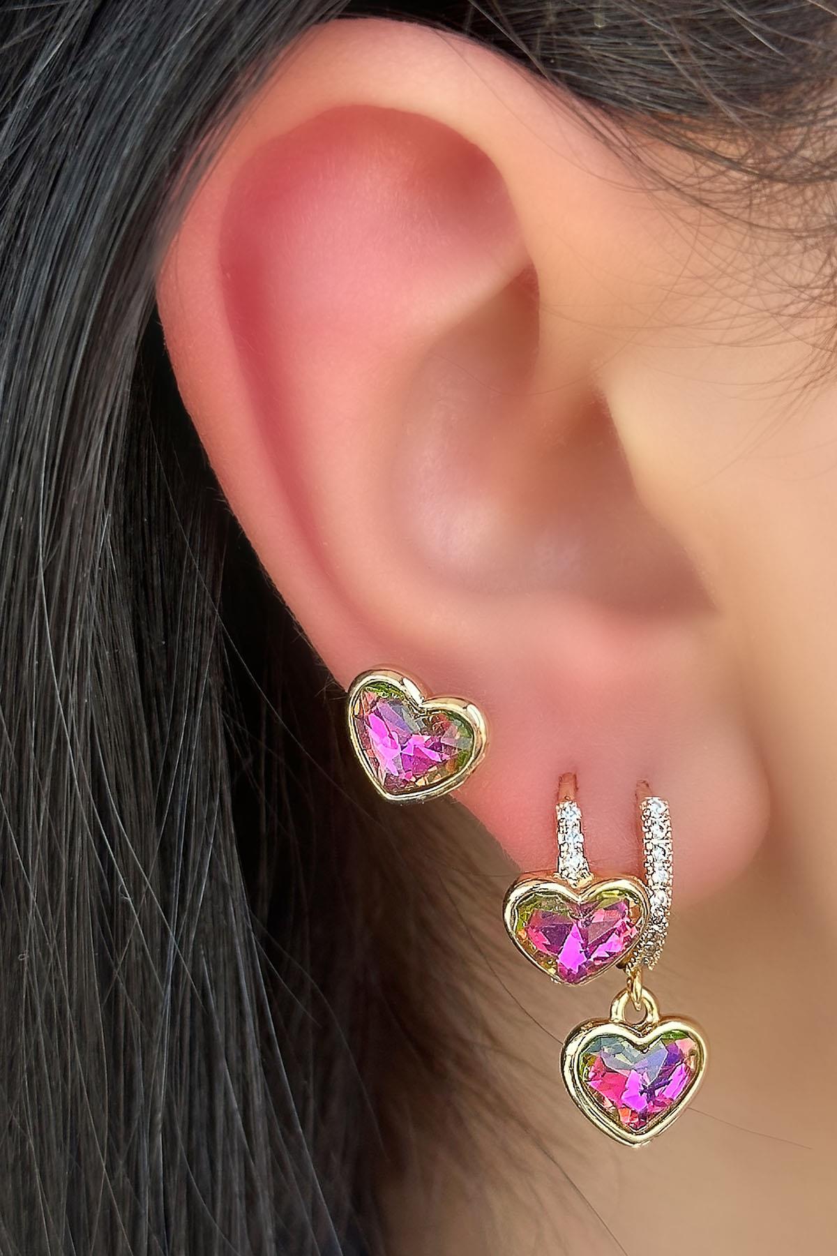 Altın Renk Kalp Figürlü Taş Detaylı 3'lü YSX Küpe Set