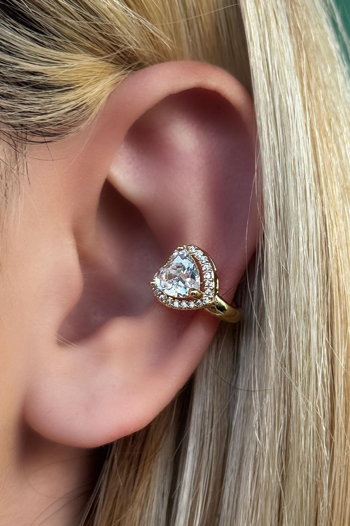Altın Renk Kalp Figürlü Taş Detaylı Ear Cuff (Tek)