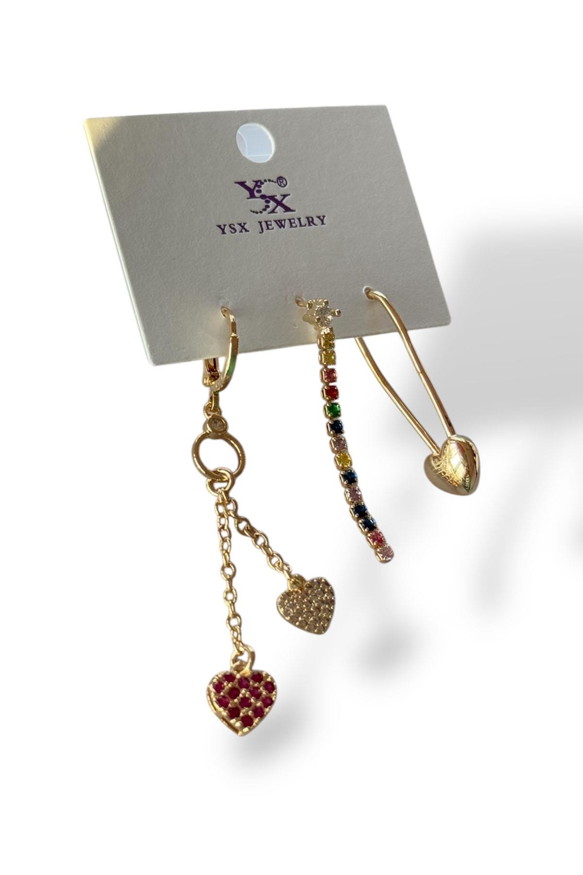 Altın Renk Kalp Figürlü Taş Detaylı VİP 3'lü YSX Küpe Set