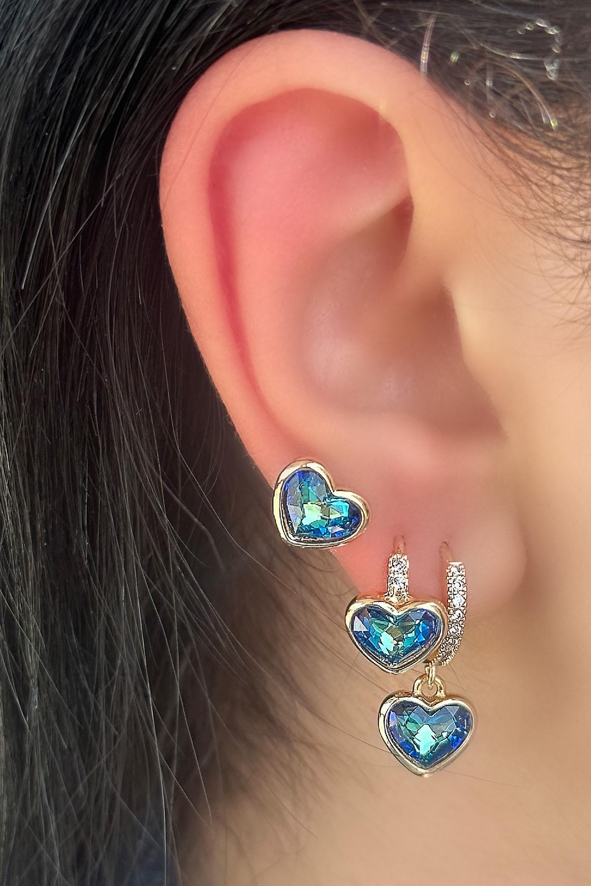 Altın Renk Kalp Figürlü Taş Detaylı VİP YSX Küpe Set