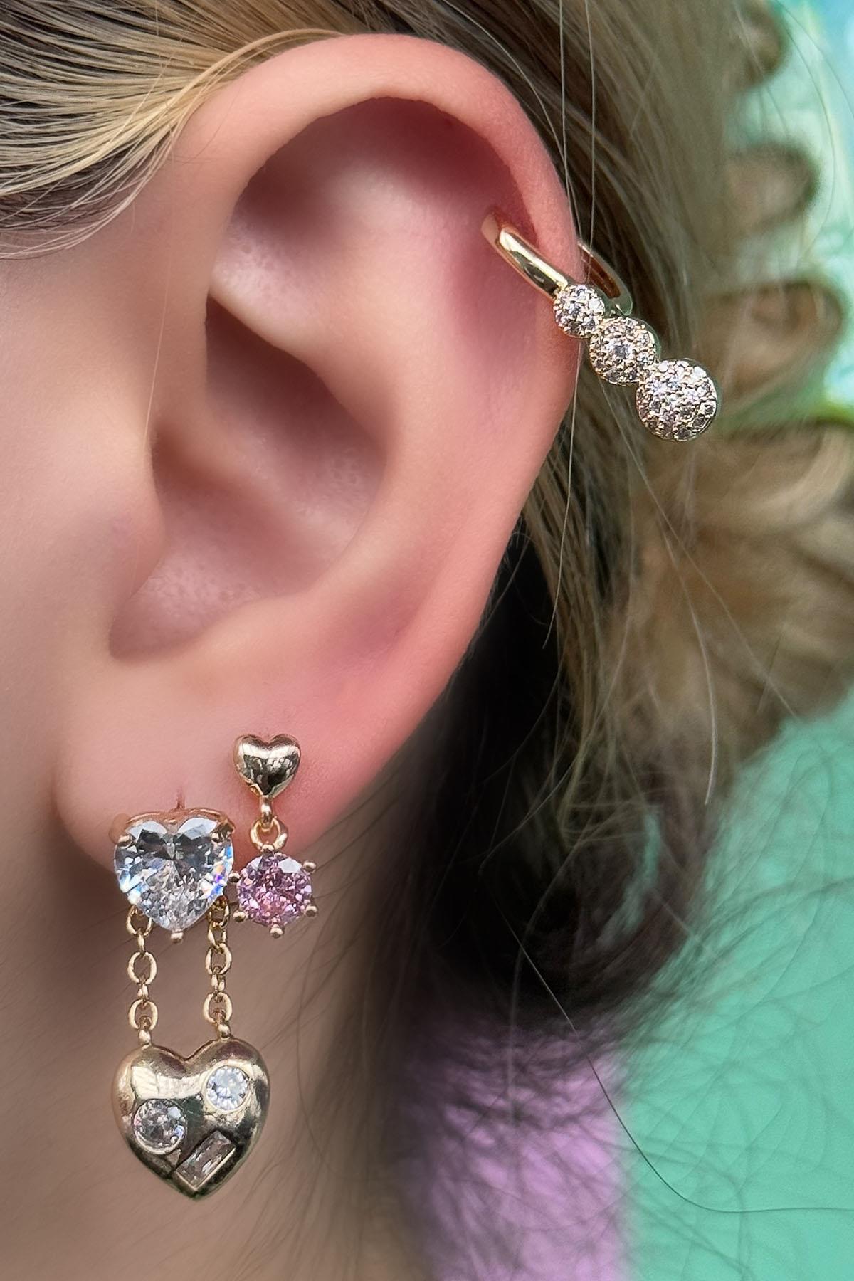 Altın Renk Kalp Figürlü Taş Detaylı VİP 3'lü YSX Küpe Set