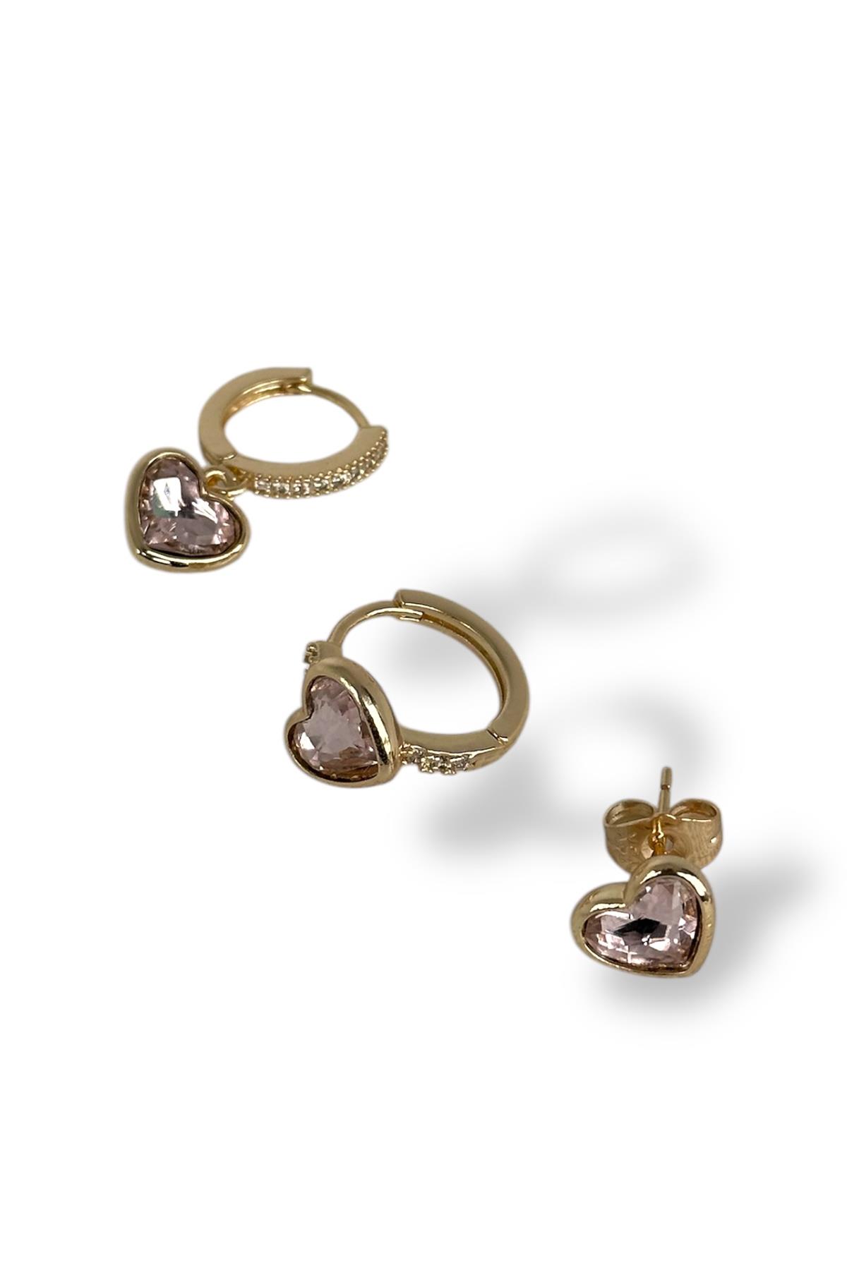 Altın Renk Kalp Figürlü Taş Detaylı VİP 3'lü YSX Küpe Set