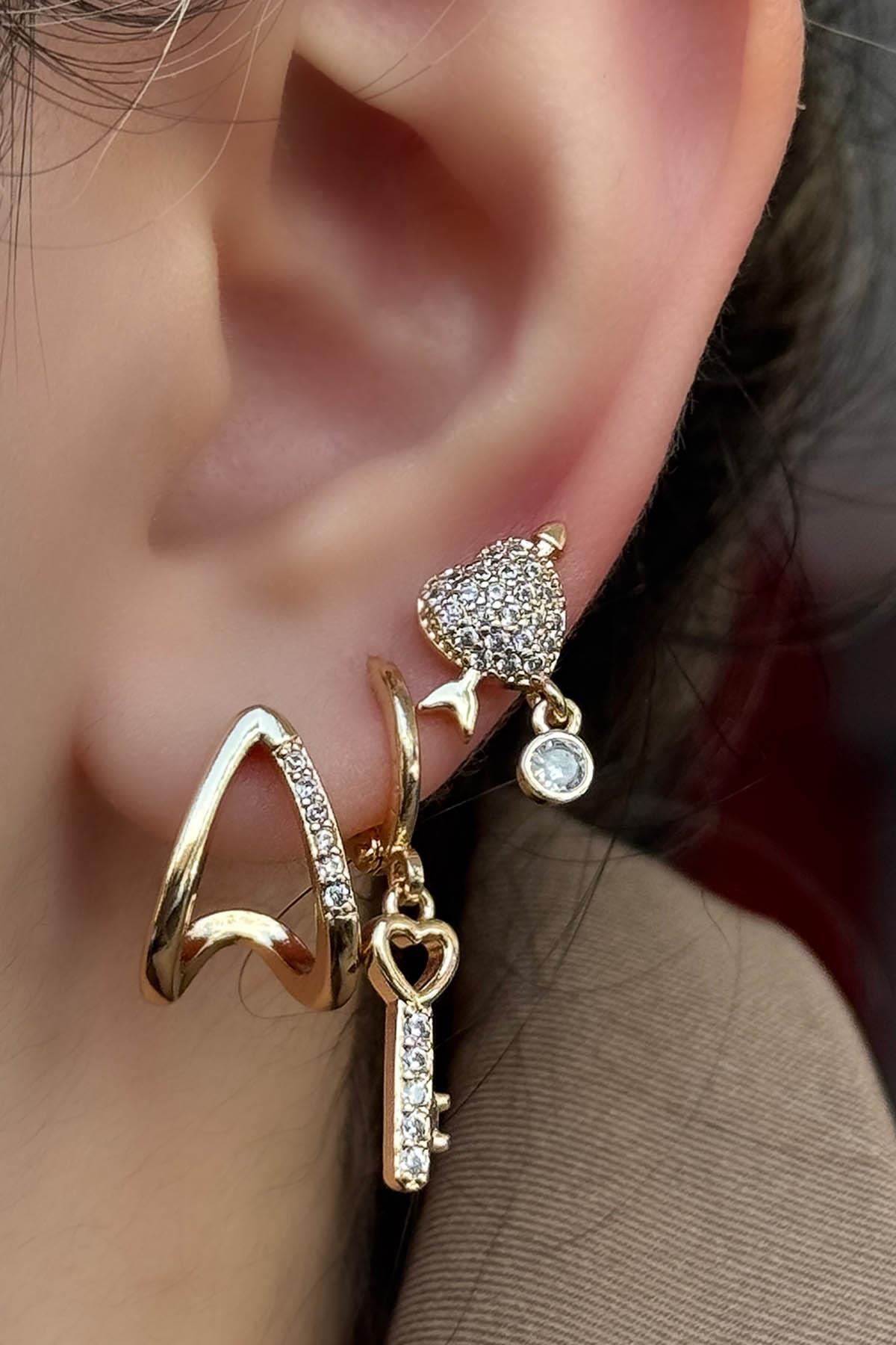 Altın Renk Kalp Ve Anahtar Figürlü Taş Detaylı VİP 3'lü YSX Küpe Set