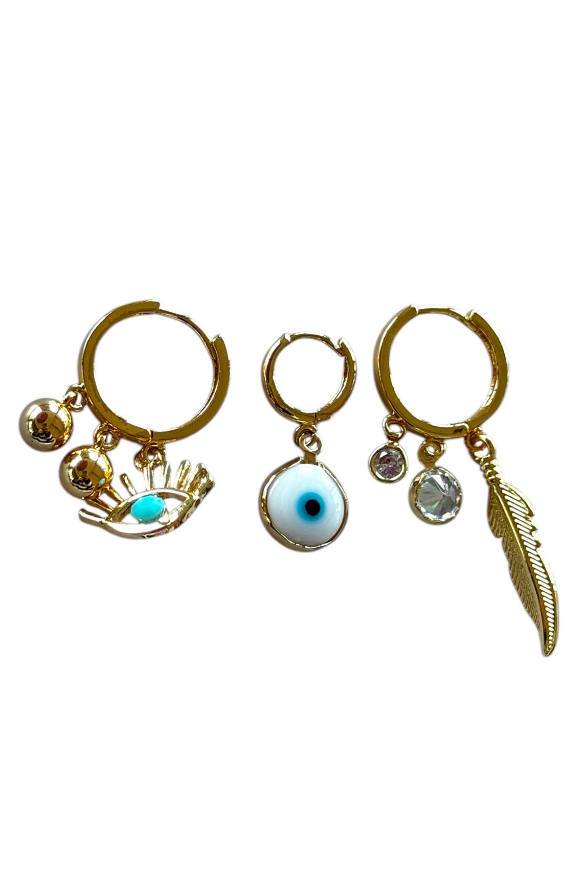 Altın Renk Karışık Figürlü 3'lü Küpe Set