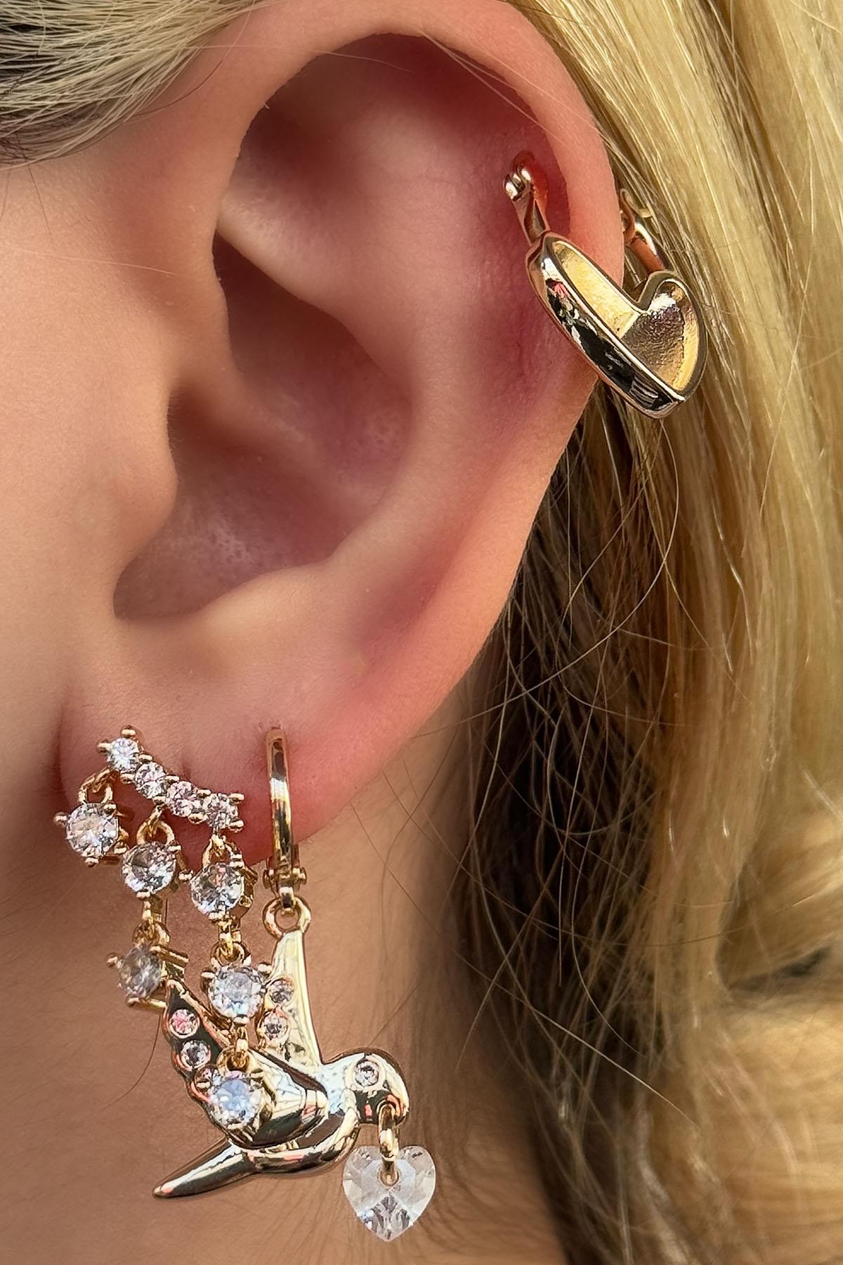 Altın Renk Karışık Figürlü Taş Detaylı  VİP 3'lü YSX Küpe Set