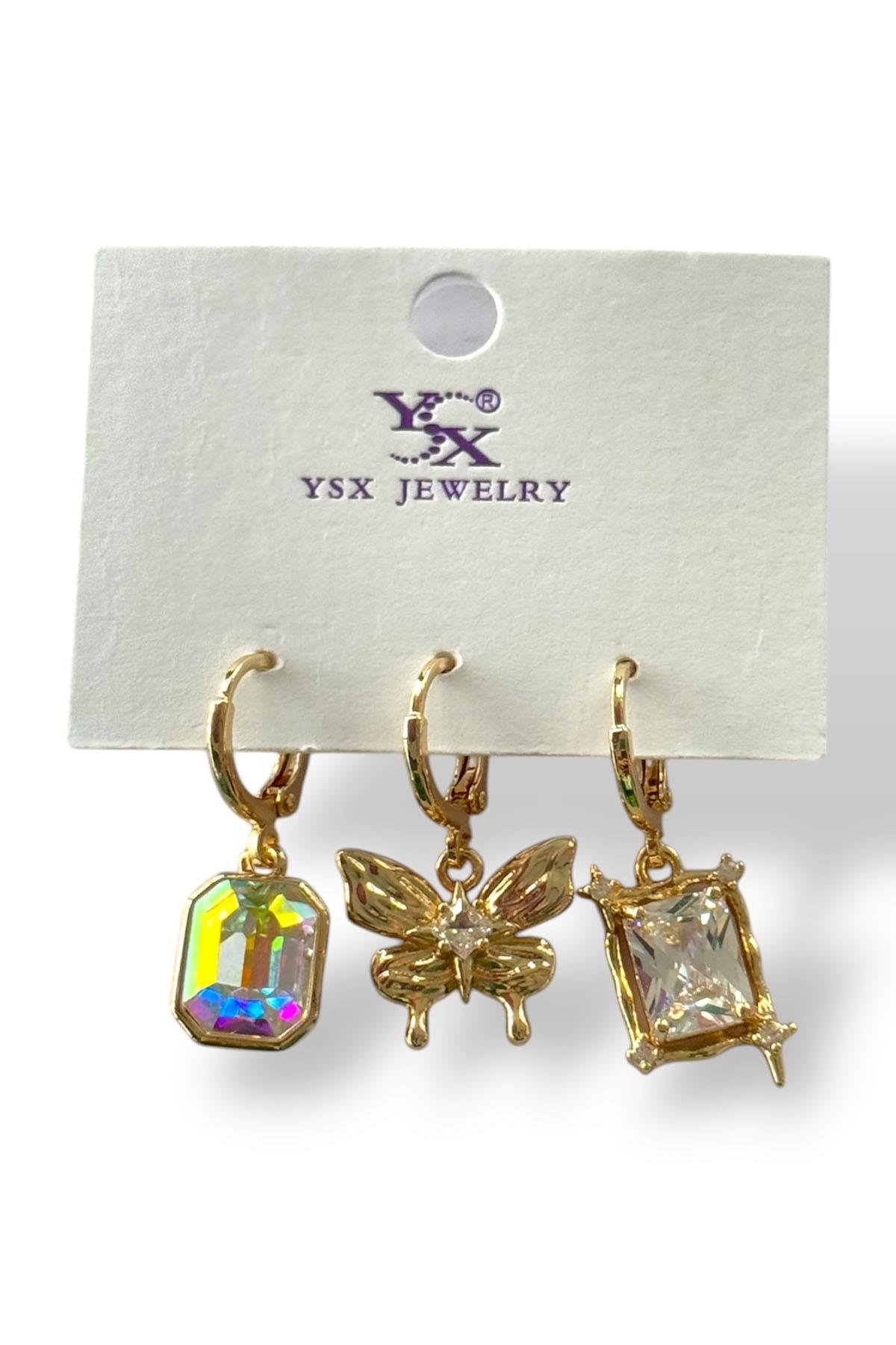 Altın Renk Kelebek Figürlü Taş Detaylı VİP 3'lü YSX Küpe Set