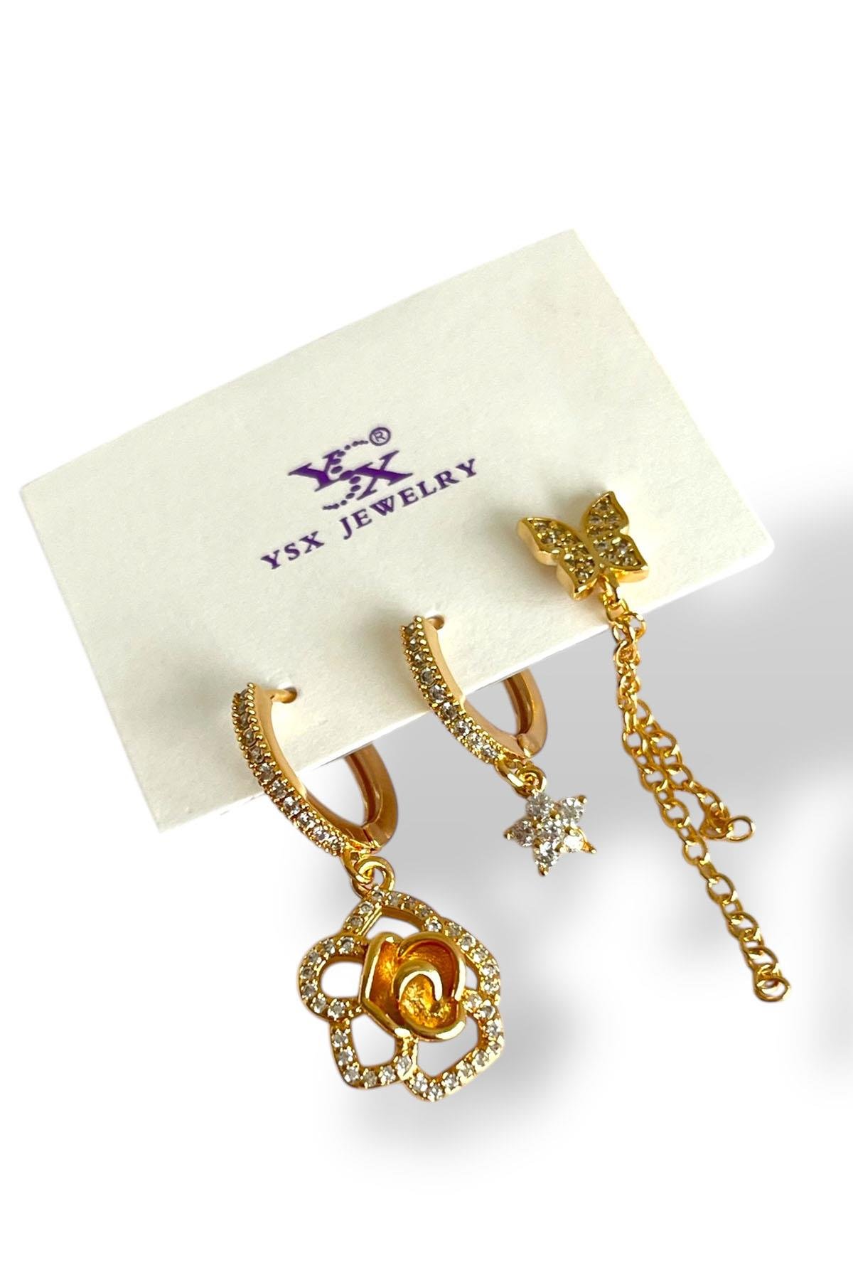 Altın Renk Kelebek Figürlü Taş Detaylı 3'lü YSX Küpe Set