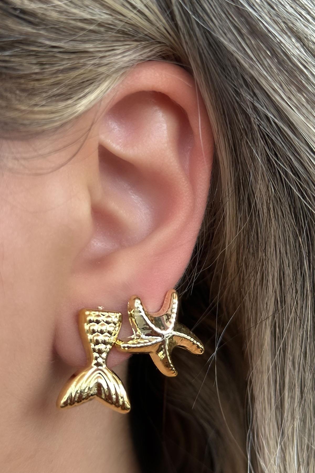 Altın Renk Kuyruk Ve Yıldız Figürlü Küpe Set