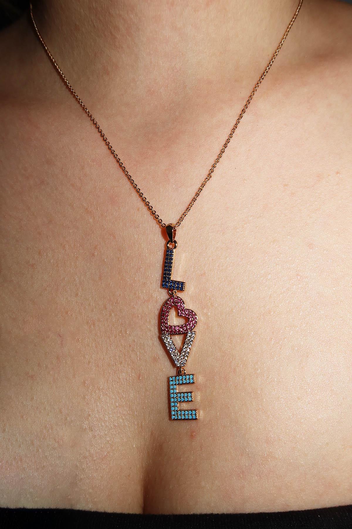 Altın Renk Love Yazılı Taş Detaylı YSX Kolye