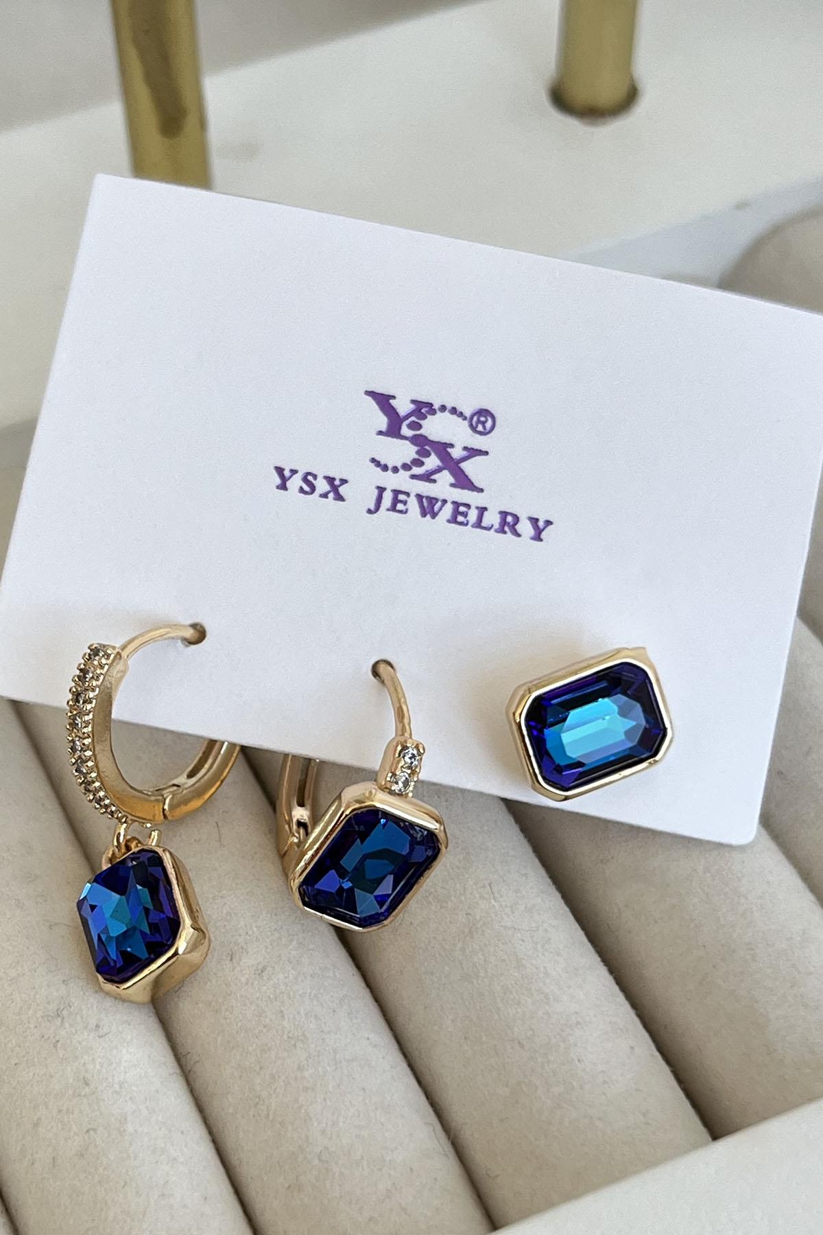 Altın Renk Mavi Taş Detaylı VİP 3'lü YSX Küpe Set