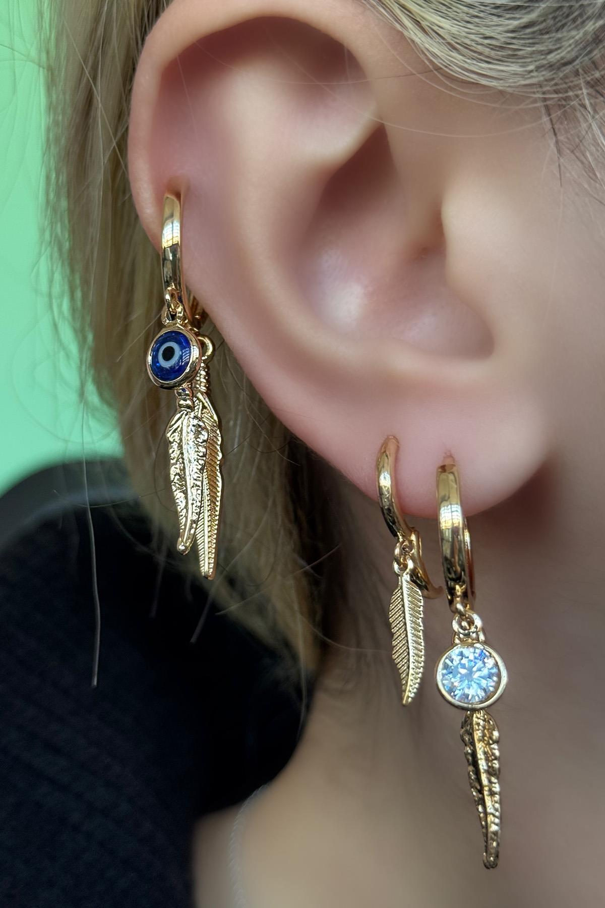 Altın Renk Nazar Boncuk Figürlü 3'lü Set Küpe