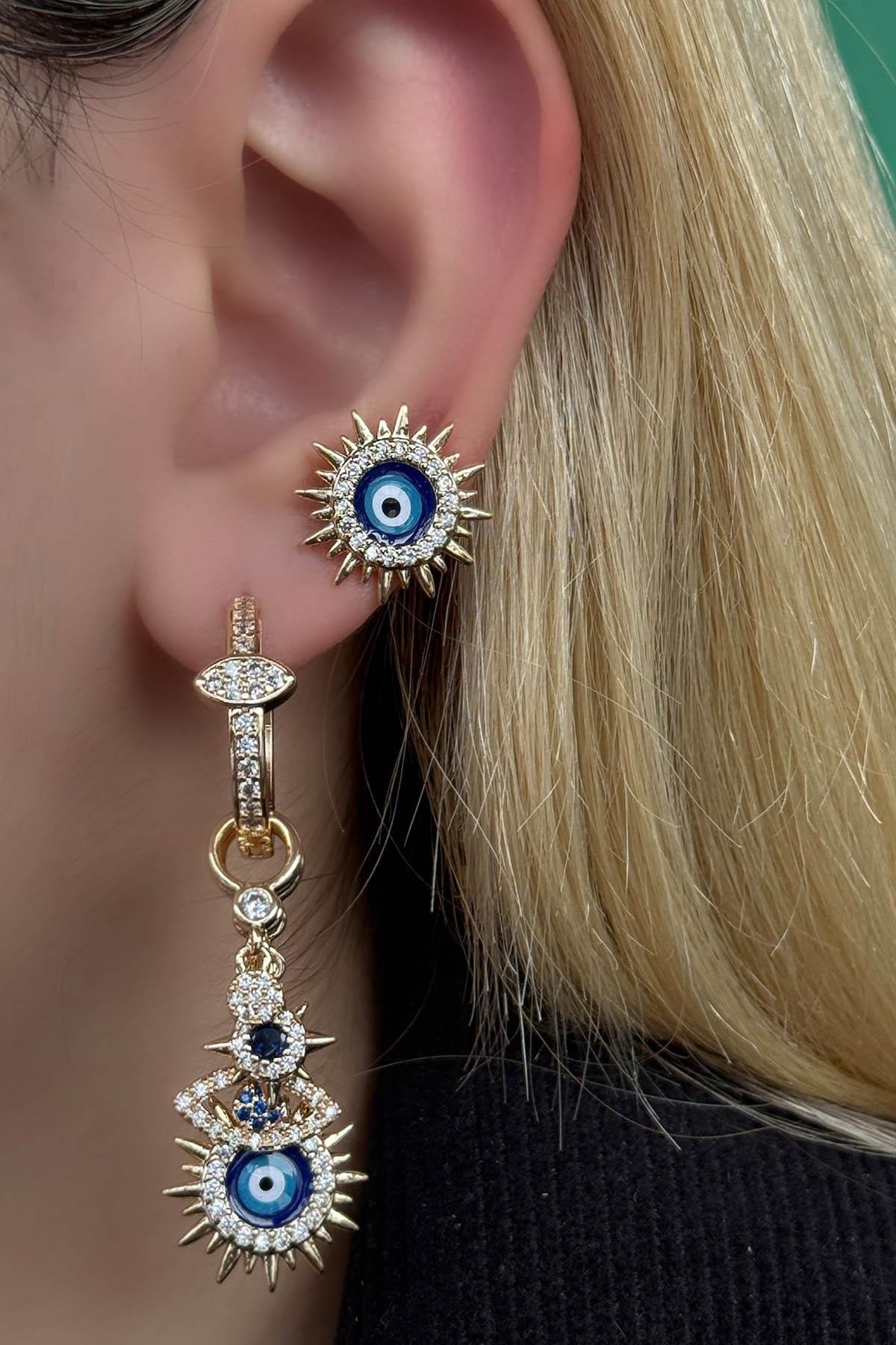 Altın Renk Nazar Boncuk Figürlü 3'lü YSX Küpe Set