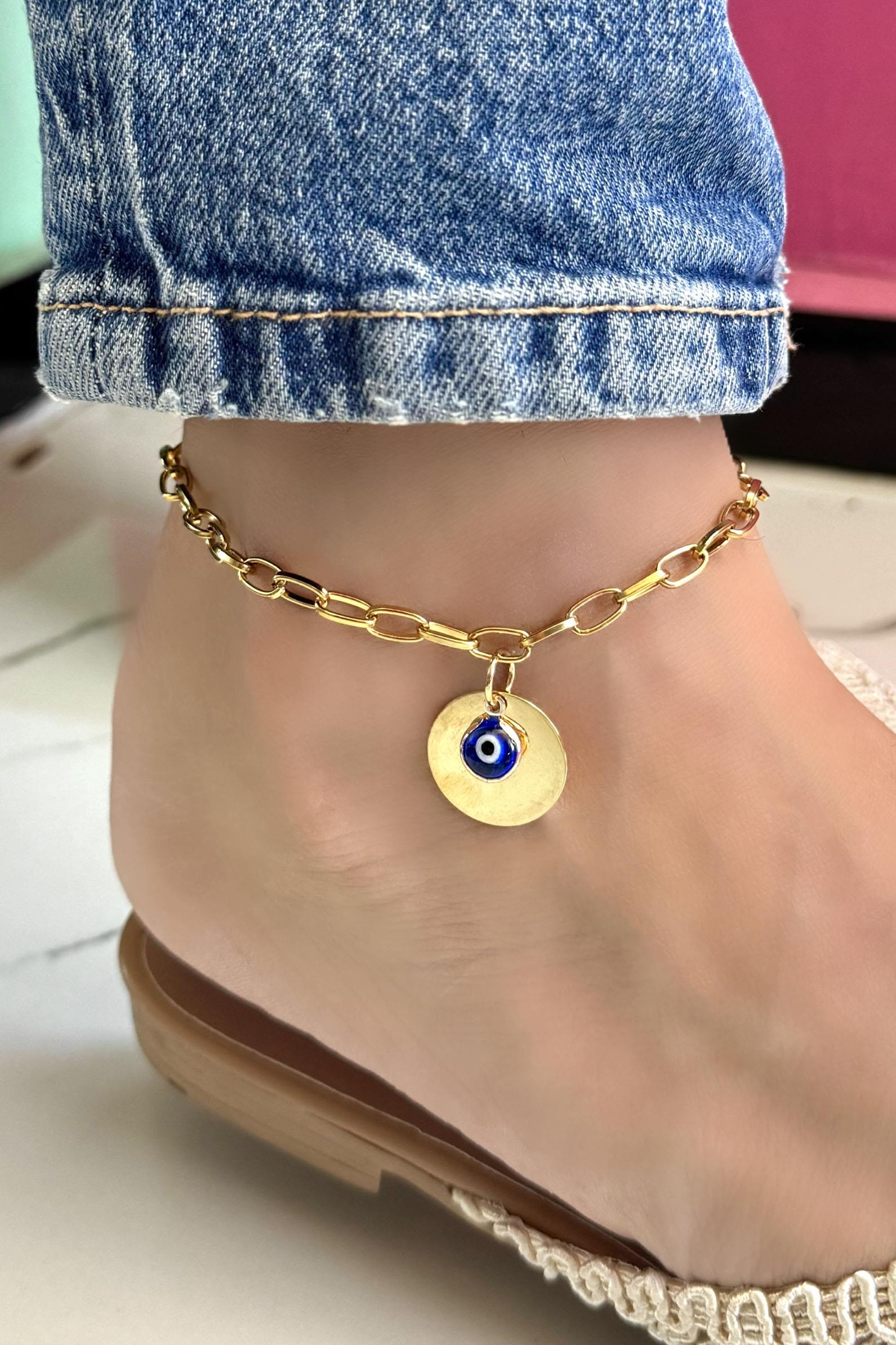 Altın Renk Nazar boncuk Figürlü Çelik Halhal