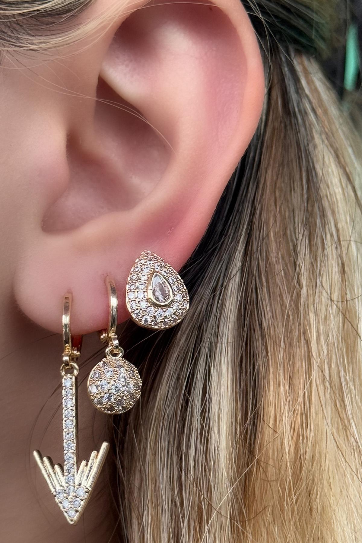 Altın Renk Ok Figürlü Taş Detaylı VİP 3'lü YSX Küpe Set