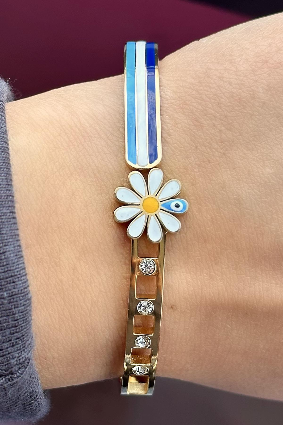 Altın Renk Papatya Figürlü Taş Detaylı Çelik Kelepçe Bileklik