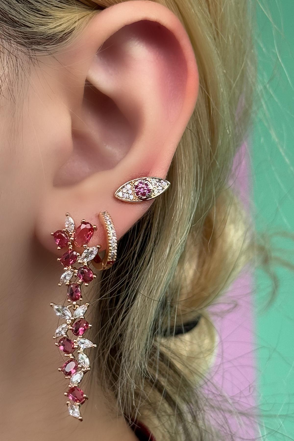 Altın Renk Pembe Taş Detaylı VİP 3'lü YSX Küpe Set