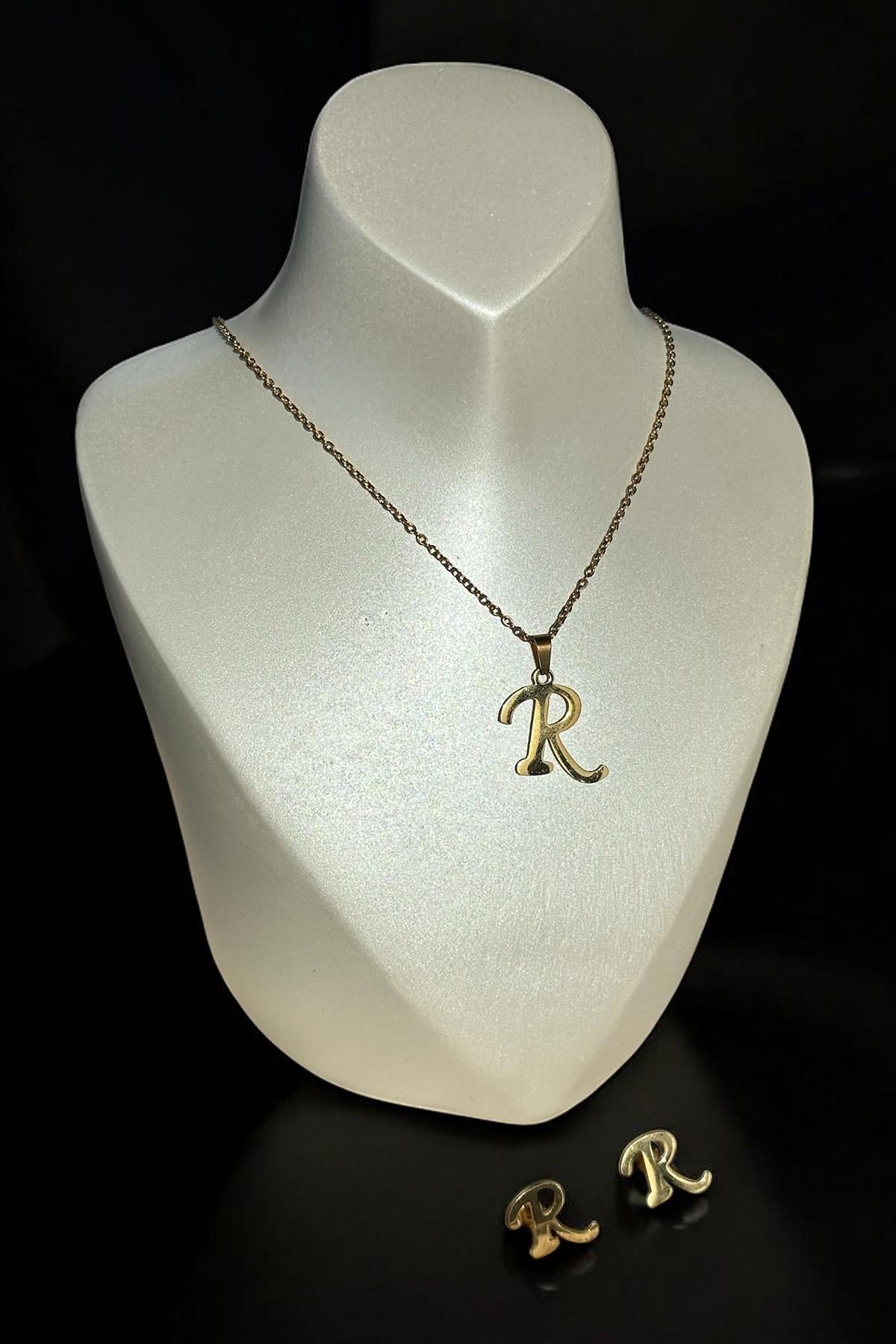 Altın Renk R Harfli Çelik Kolye Ve Küpe Set