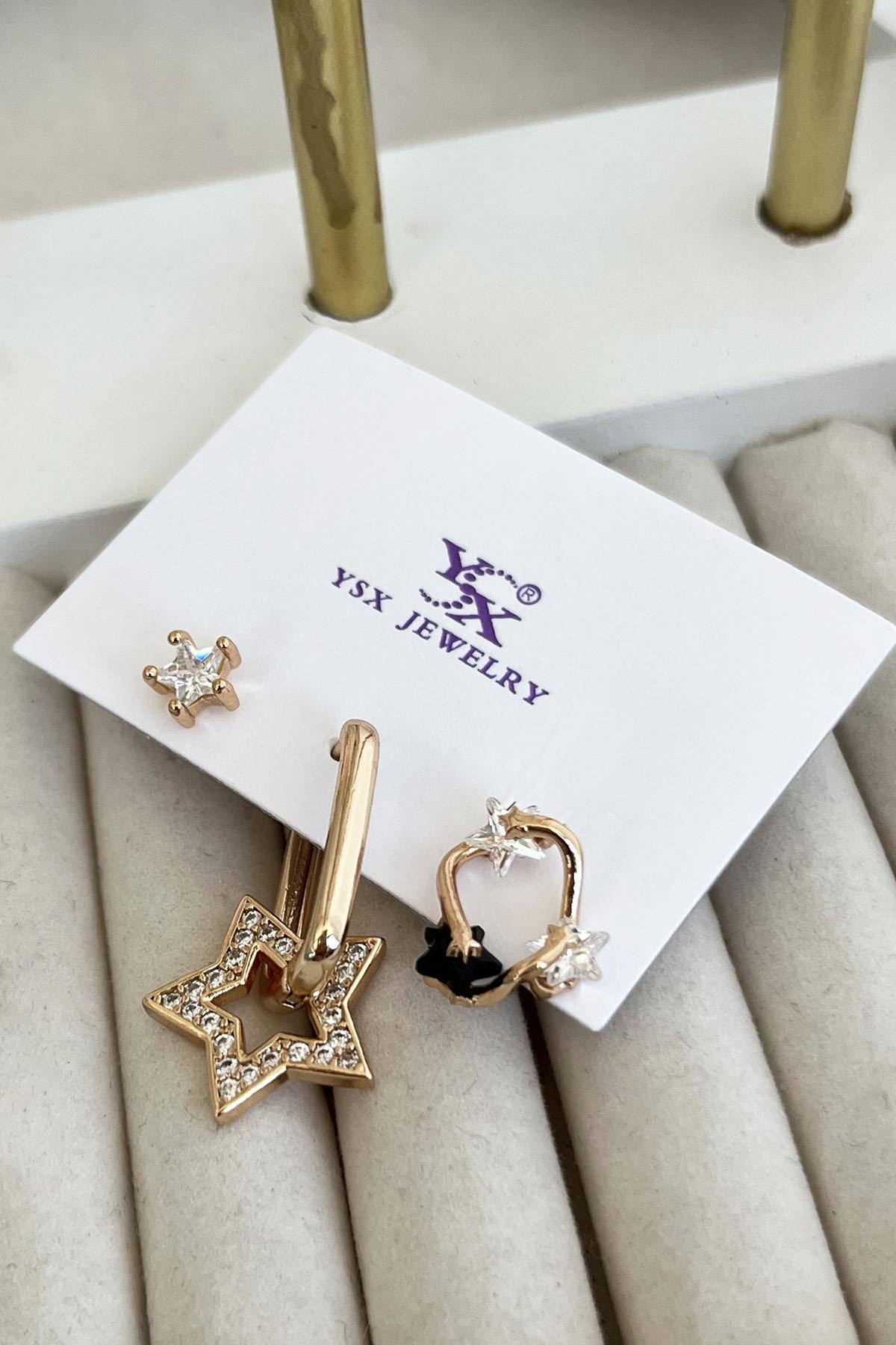 Altın Renk Renk Taş Detaylı VİP 3'lü YSX Küpe Set