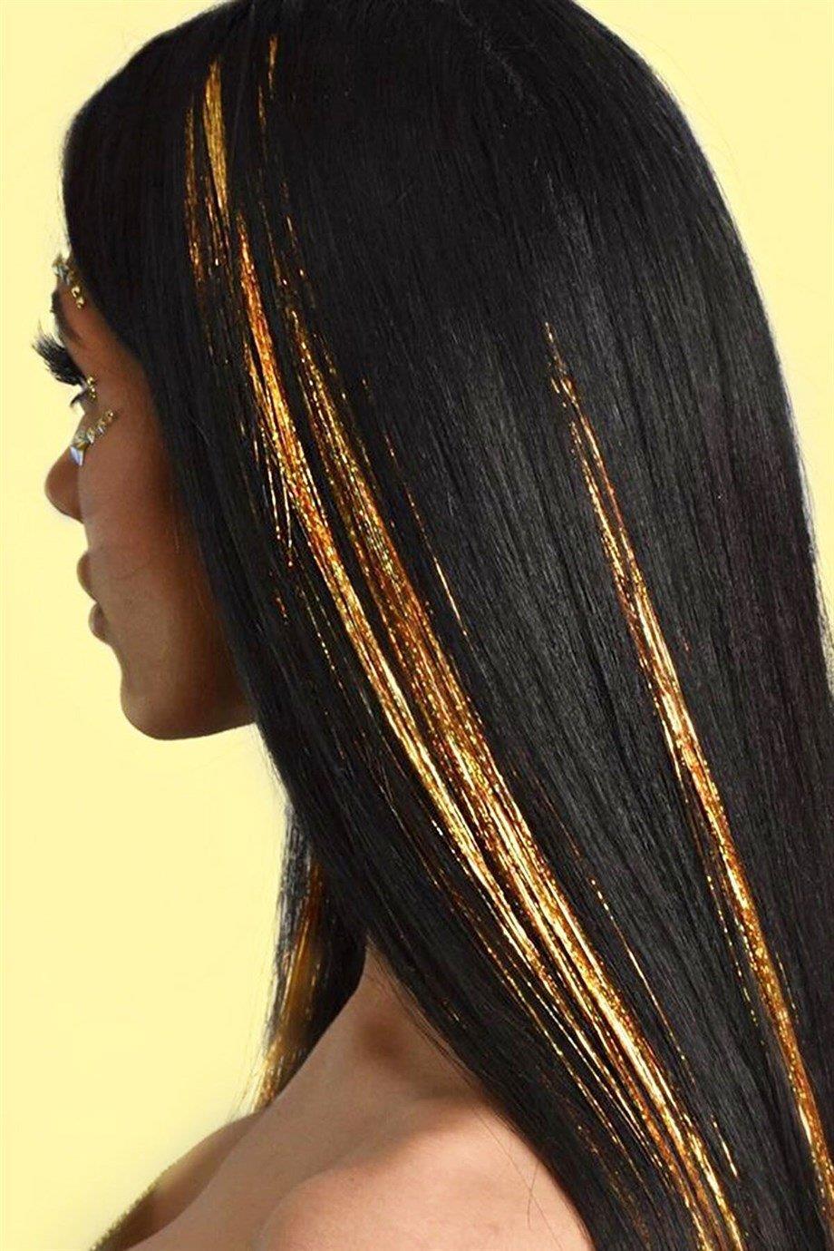 Altın Renk Simli Yan Postiş/Hair Tinsel (45Cm)