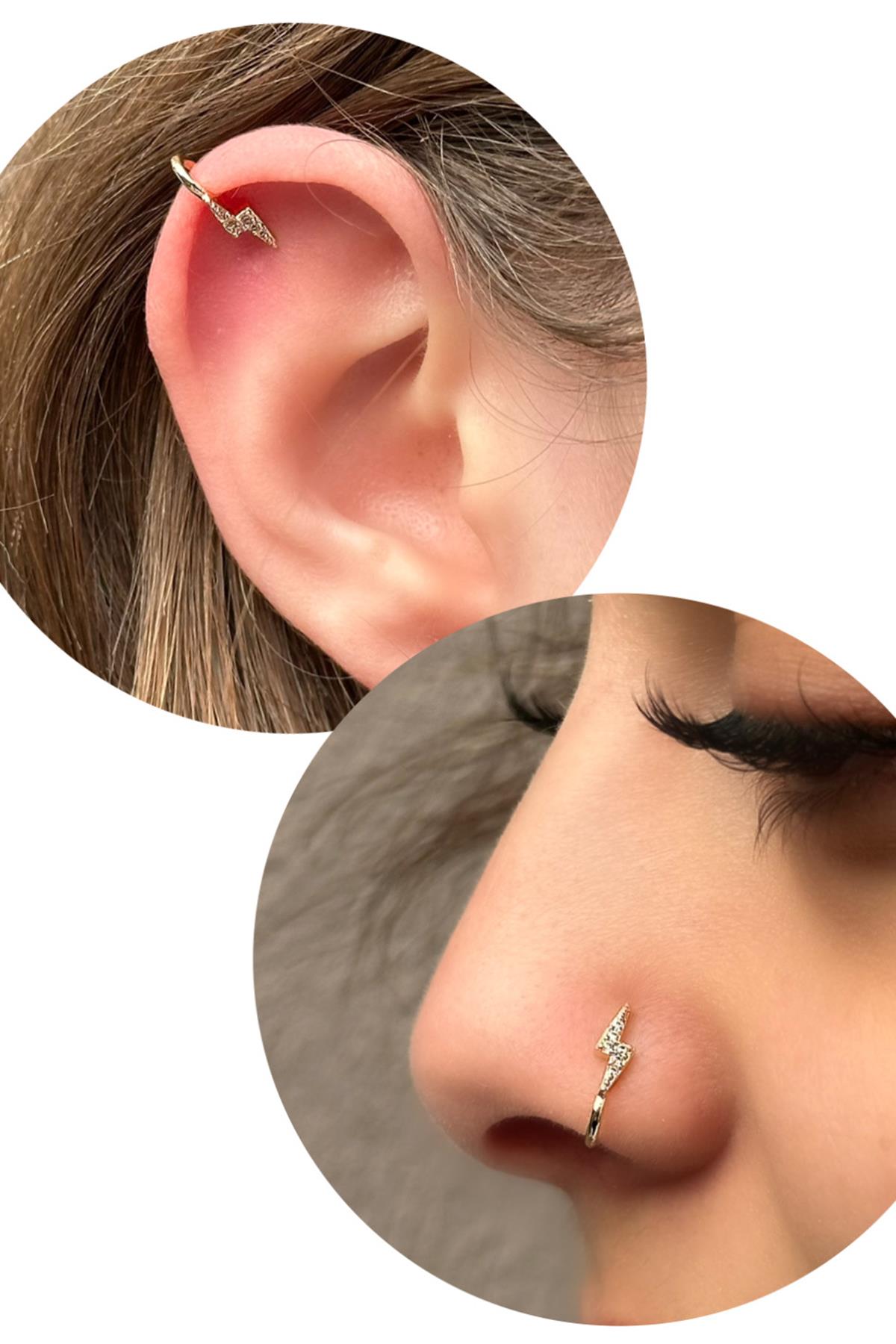 Altın Renk Şimşek Figürlü Deliksiz Kulak/ Burun Piercing (Tek)