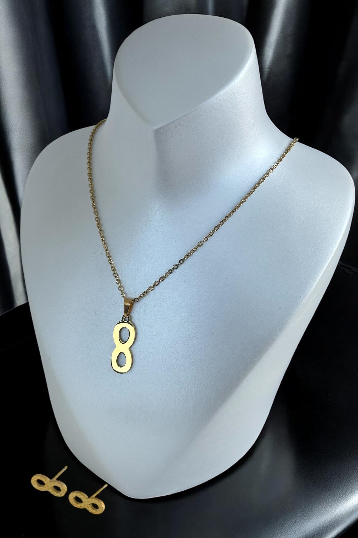 Altın Renk Sonsuzluk Figürlü Çelik Kolye Ve Küpe Set