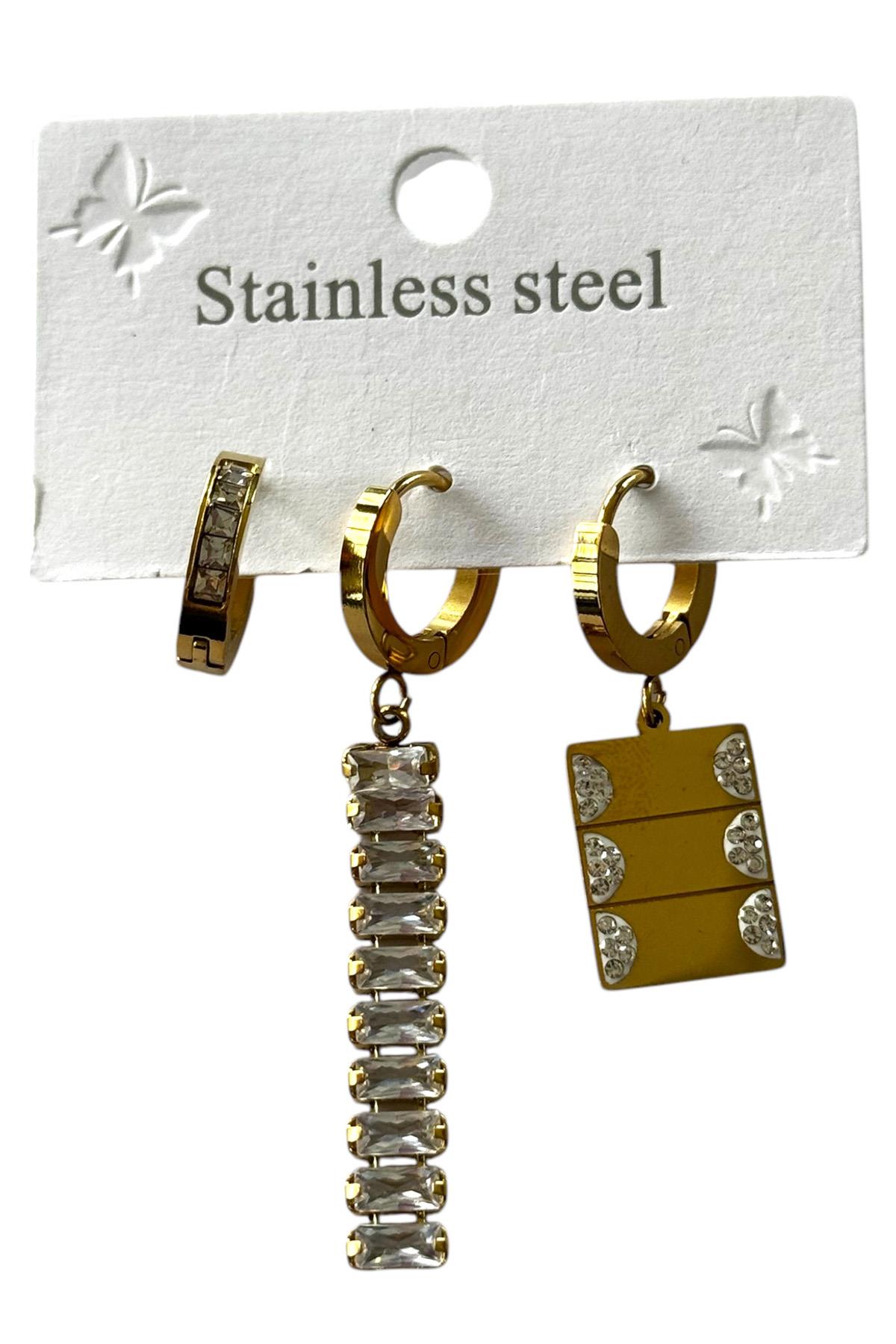 Altın Renk Taş Detaylı 3'lü Çelik Küpe Set