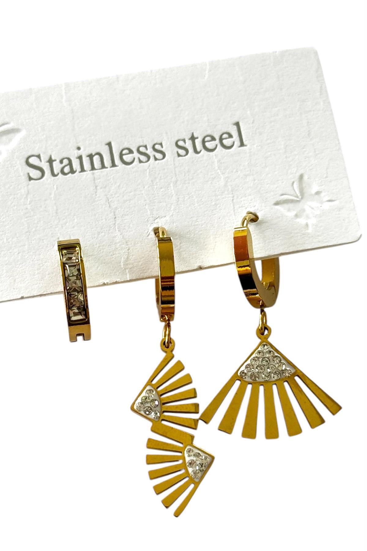 Altın Renk Taş Detaylı 3'lü Çelik Küpe