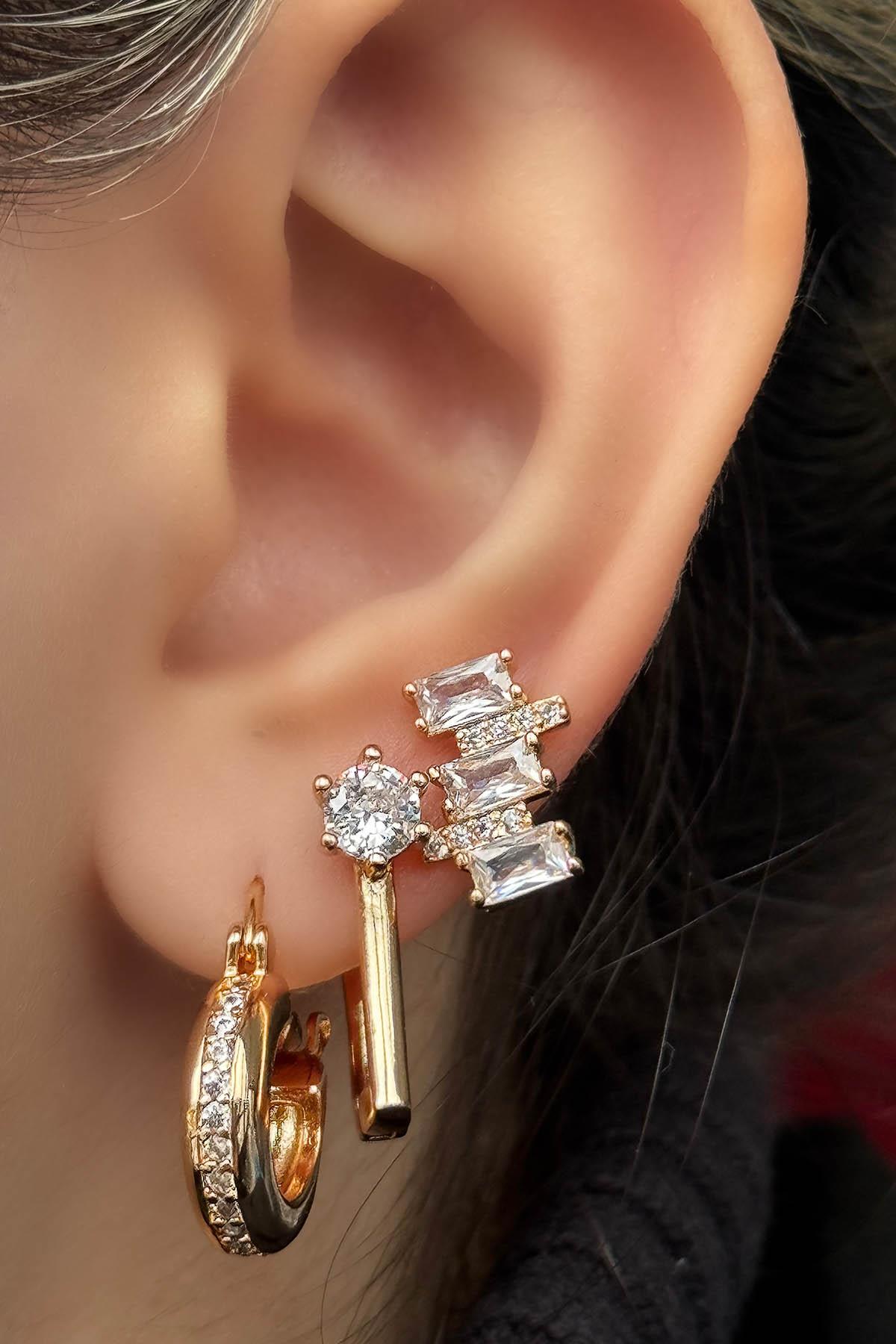 Altın Renk Taş Detaylı 3'lü YSX Küpe Set