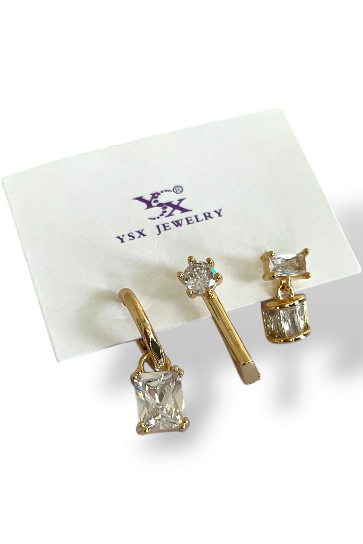 Altın Renk Taş Detaylı 3'lü YSX Küpe Set