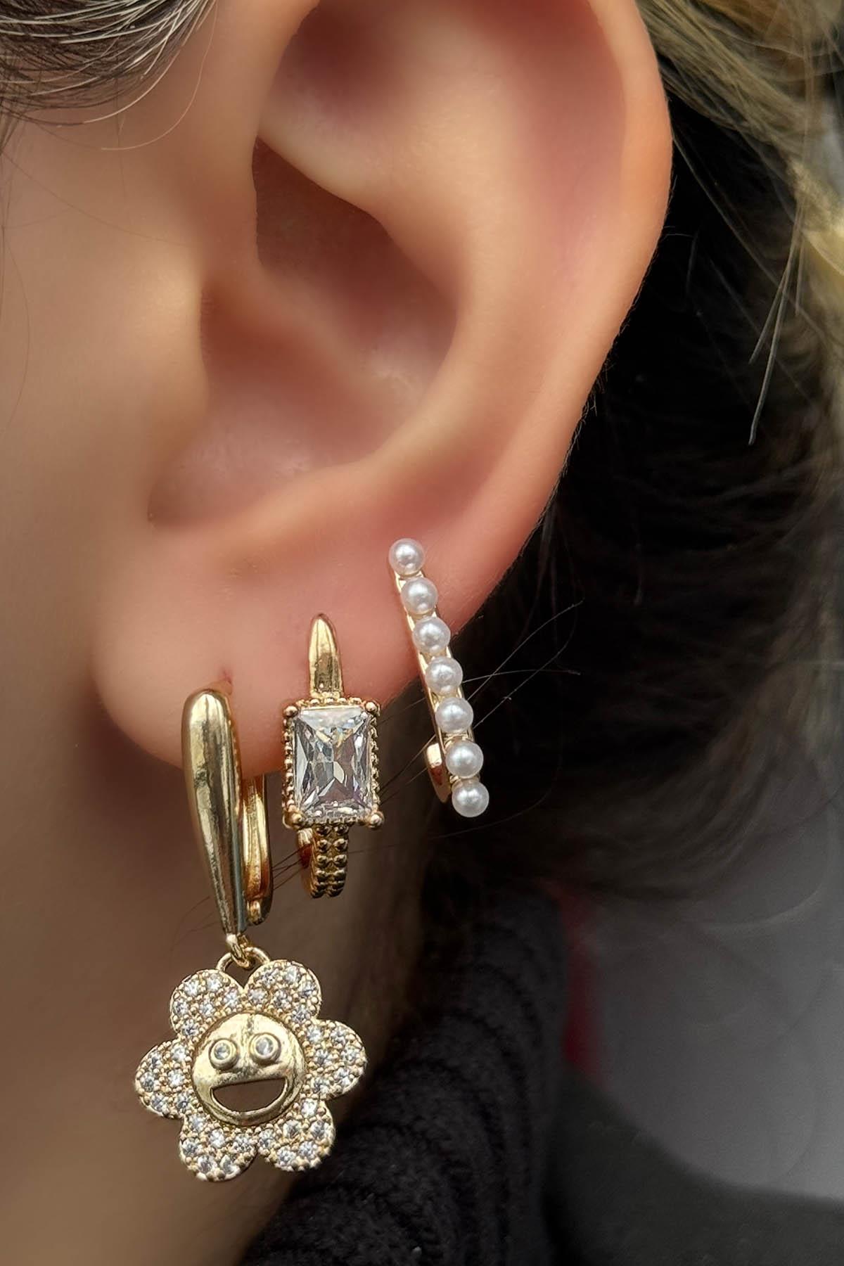 Altın Renk Taş Detaylı 3'lü YSX Küpe Set