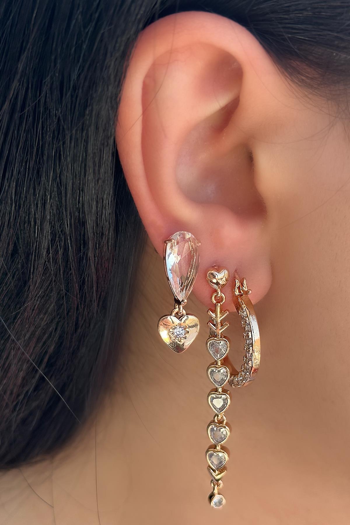 Altın Renk Taş Detaylı 3'lü YSX Küpe Set