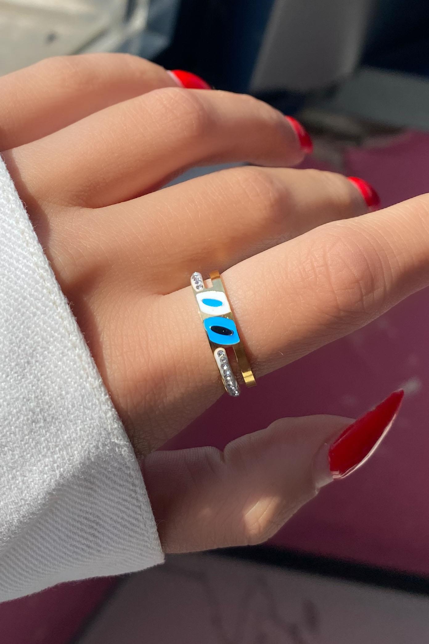 Altın Renk Taş Detaylı Ayarlanabilir Çelik Yüzük