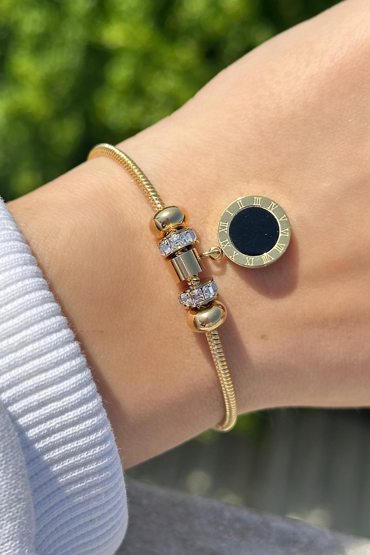 Altın Renk Taş Detaylı Çelik Bileklik
