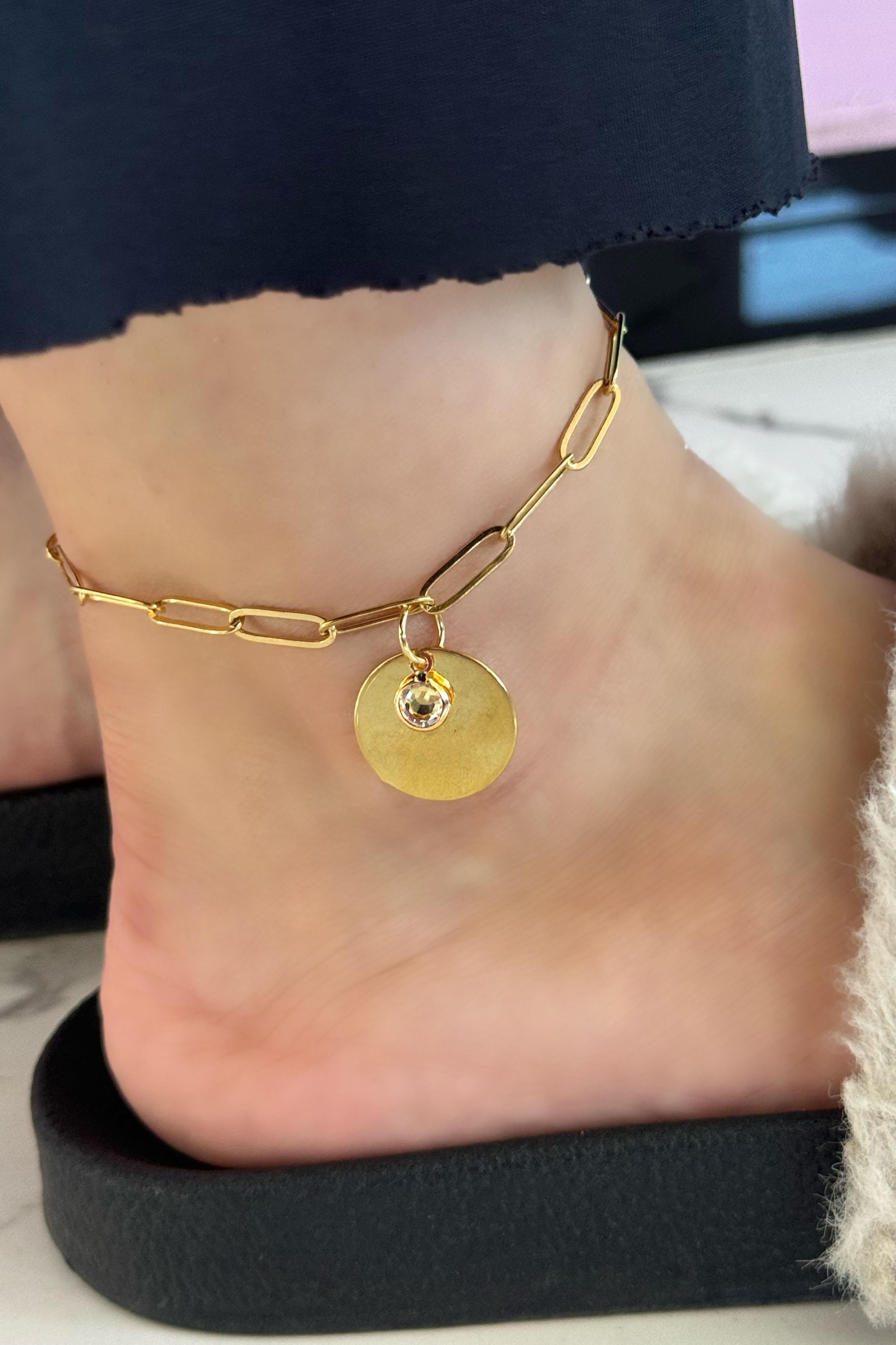 Altın Renk Taş Detaylı Çelik Halhal