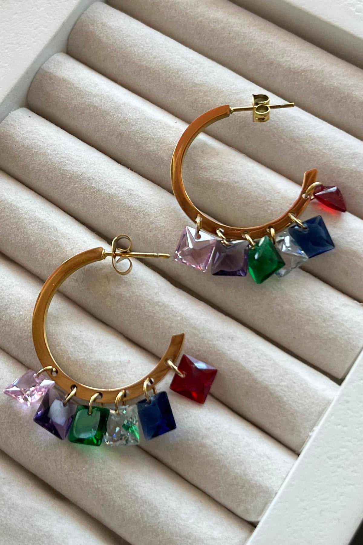 Altın Renk Taş Detaylı Çelik Halka  Küpe (Çift)